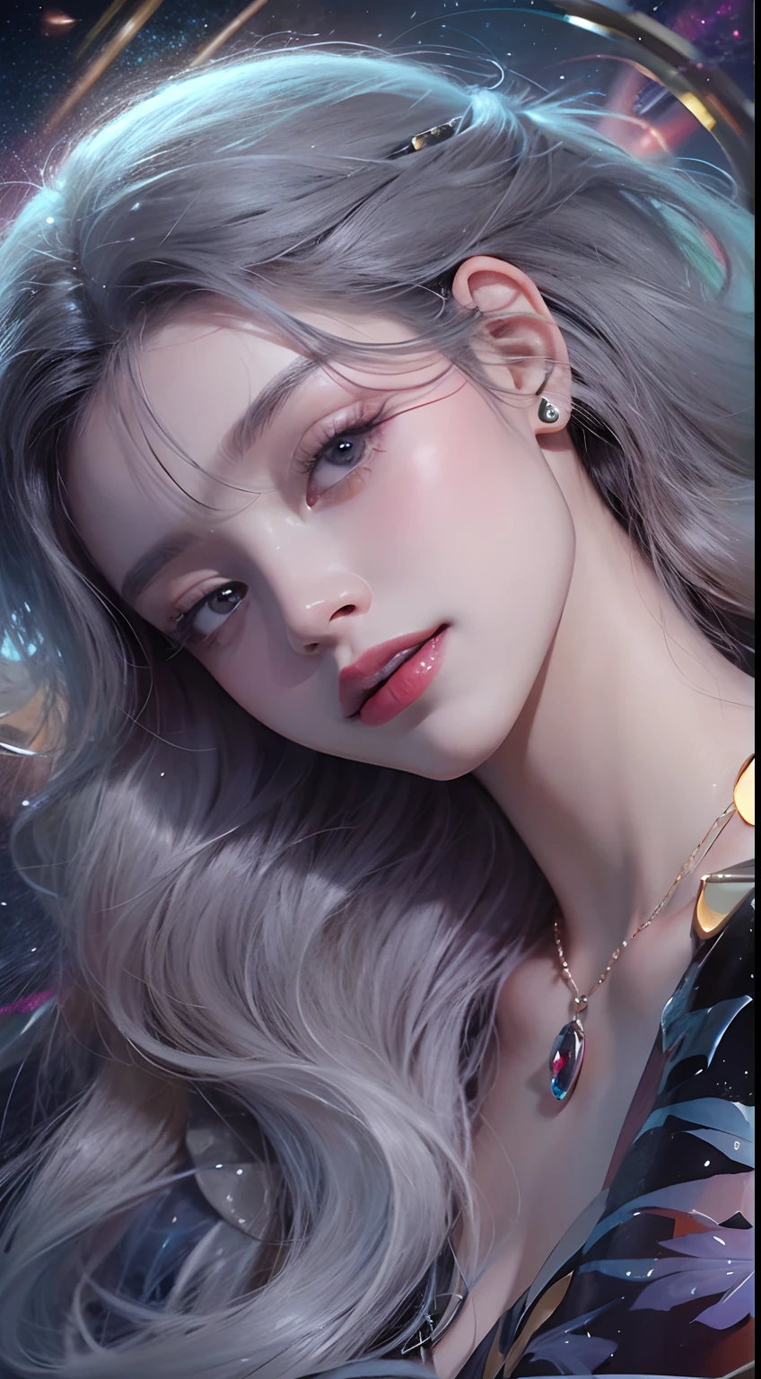1girll,(enchanced quality:1.4),(Top quality true texture skin), Delicate face,Black hair, Gradient hair, Petite body,(perfect bodies:1.1), There are precious stones on the forehead, rimless eyewears, Sparkling pupils,long eyelasher,grin, hyper photorealism, Cinematic lighting, projected inset, surrealism, hyper HD, Masterpiece, 16k,Lie down,dream on,Wear transparent silk pajamas,Carmelto,Legs slightly open,Tattooed with,Fantasy space,Luxurious space