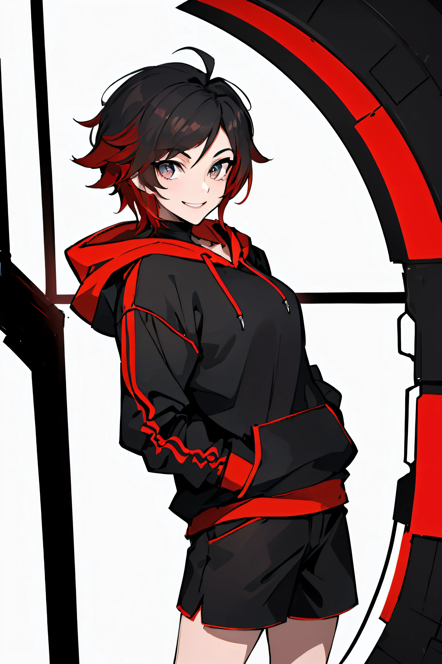 (absurdres, 8k, 4k, masterpiece, hyper extreme detailed:1.2), ((masterpiece,best quality)), absurdres, Ruby_RWBY, solo, looking at viewer, smiling, ruby rose, casualwear, hoodie, hands in pockets, smile, red gradients, black hair, silver eyes, shorts,