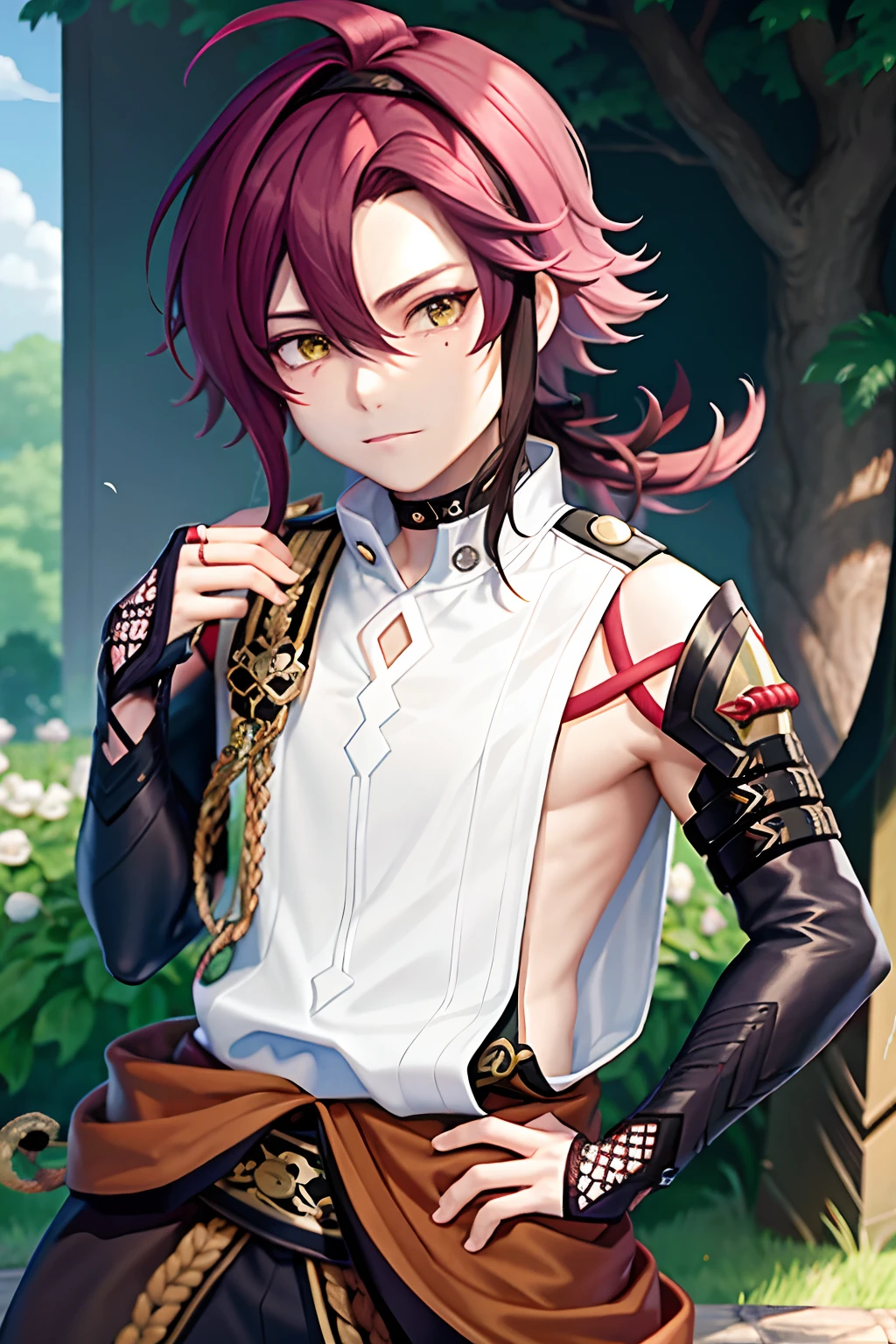 masterpiece, best quality,Shikanoin Heizou (genshin impact), 1boy, male focus, kurokote, green eyes, kote, multicolored hair, mole under eye, red hair, solo, mole, black choker, japanese armor, looking at viewer, choker, armor, streaked hair, aiguillette, sleeveless, ahoge, long hair, low ponytail,(kbxll:0.6)