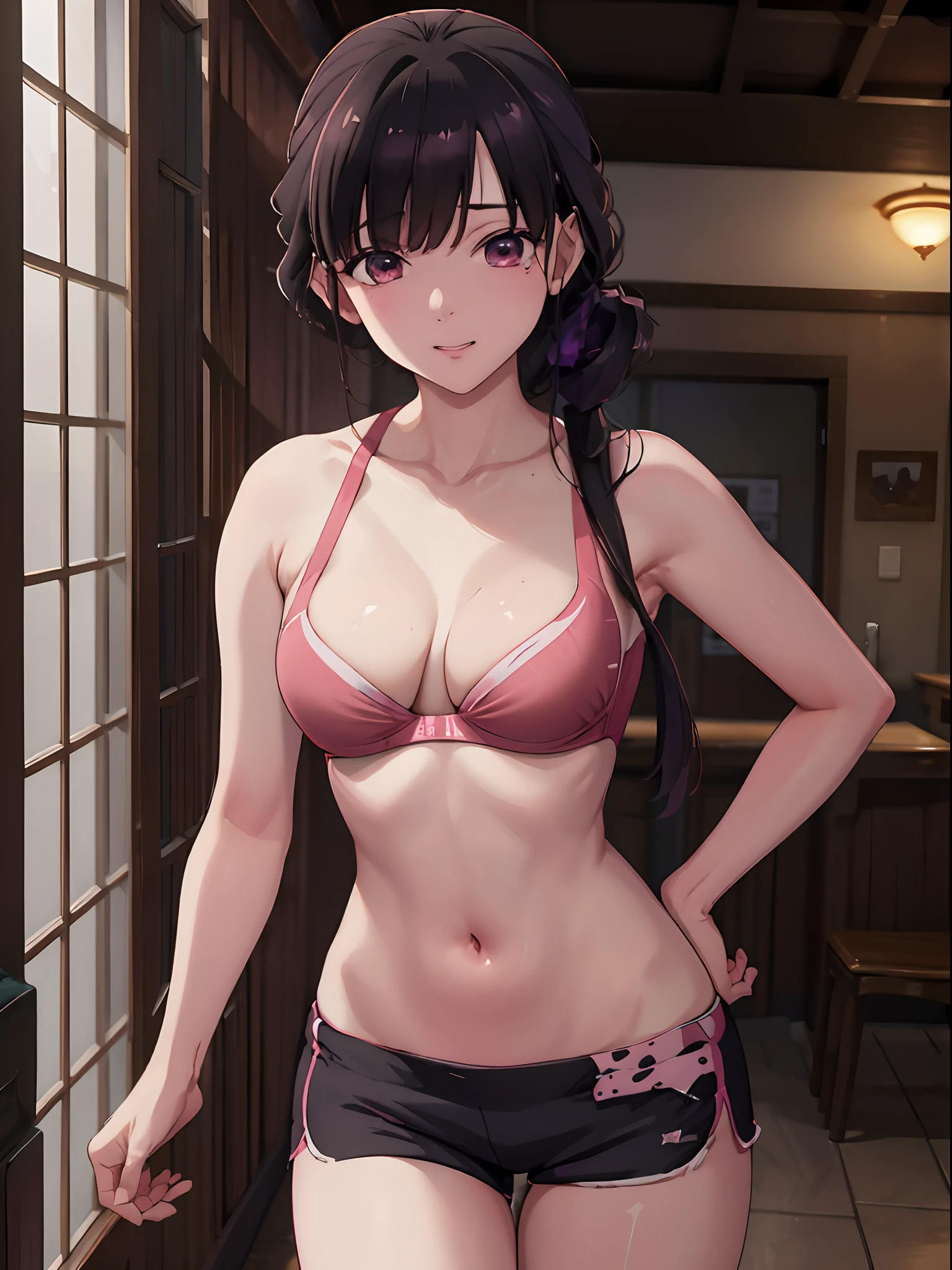 (masterpiece, best quality:1.2), highres, high resolution, MiyoSaimori, 1girl, solo, smile, teeth visible, (hair tied up), ((pink sports bra)), midd riff, shorts, running shorts, ((black running shorts)), indoors, gym, blur bacground, bangs, (medium breast), cleavage, looking at viewer, cinematic lighting, ((split, leg split)), perfect fingers, perfect anatomy, beautiful face, alluring face, extra detailed face, award winning quality, blur background, ((masterpiece)), high quality, hands on hip, dynamic pose, (cowboy shot)