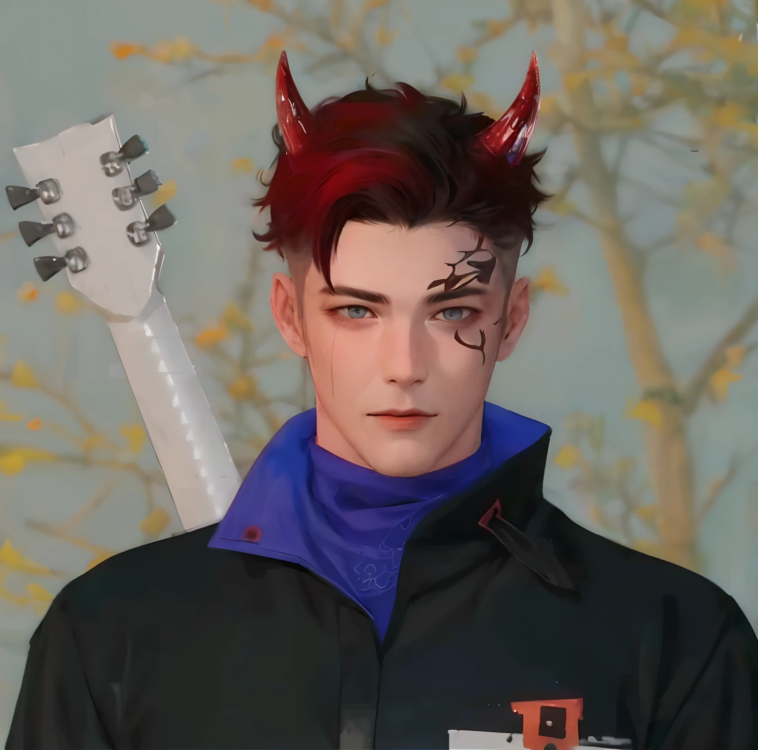 (( super realistic )), 
black tattoo on the face on the left, arafed male with a guitar and horns on his head, handsome guy in demon slayer art, fit male demon with white horns, handsome japanese demon boy, human male demon, evil devious male, inspired by Jean Malouel, with horns, demon boy, demon male, character close up, realistic lance, game character,
