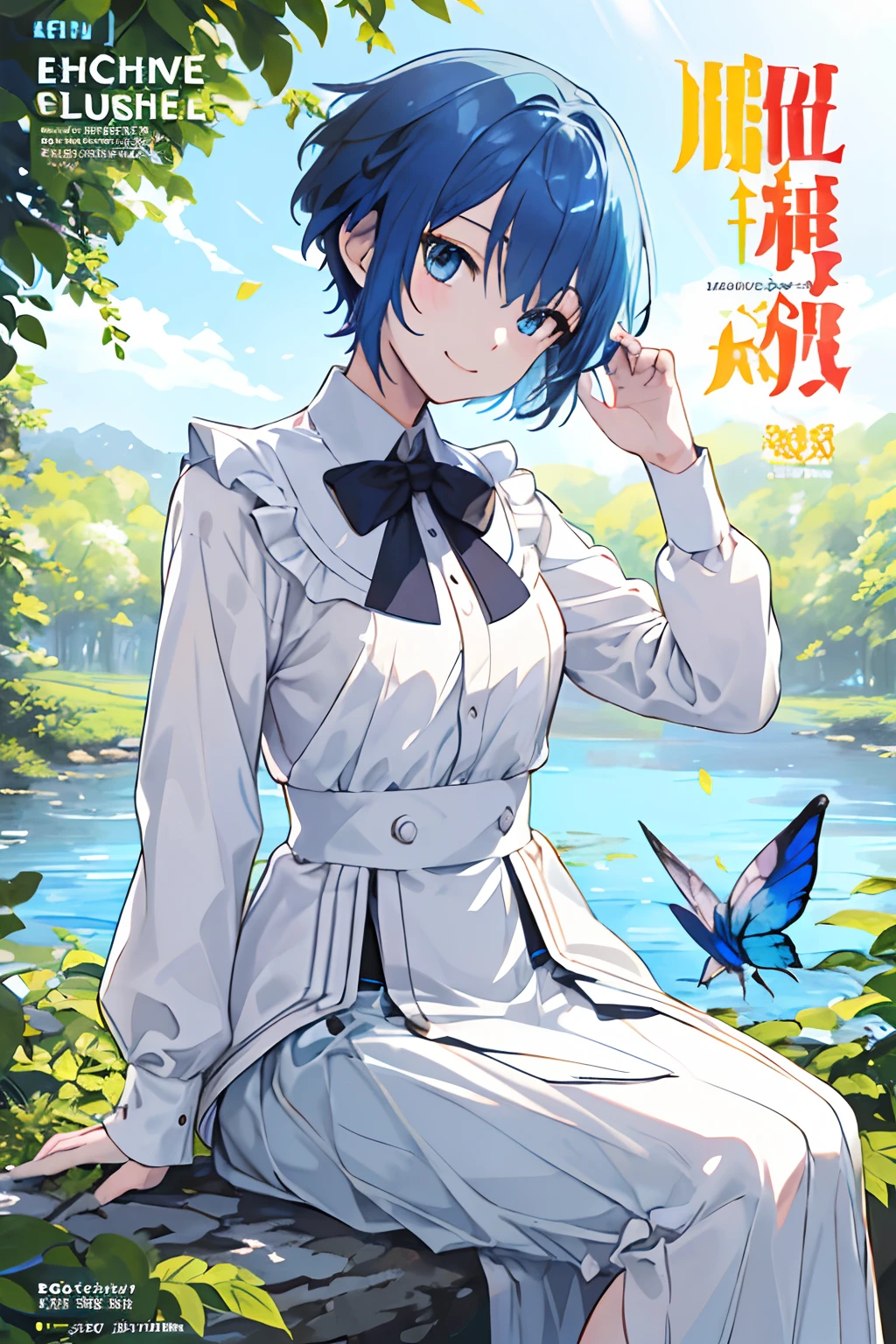 ((masterpiece)), deadpan, (((top-quality))), ((illustratio)),
1girl in,, ((独奏)), (详细的脸), (Beautiful details), Bright eye, blue eyess, ((dishevled hair)),
A smile、blank stare、sitting on、((Facing to the side))、
Bow Tie Hair Band、Black transparent skirt、noble、Mystical、
Bright background、clouds、naturey、Sunshine through leaves、butterflys、a river、write、
(magazine:1.1), (cover-style:1.1), Fashionable, femele, with a vibrant, outfits, the pose, the front, Colorful, Dynamic, Background with, element, I'm confident, expresive, ngel, statement, accessorized, An majestic, coiled, surroundings, Touch, The scene, Texto, covers, It's bold, captures the attention, Titles, Stylish, Catchy, headline, The large, Impressive, moderno, Trendy, Focus, lo fashion,Gilji Blue Hair Short Hair、Gilji Bluehair Shorthair