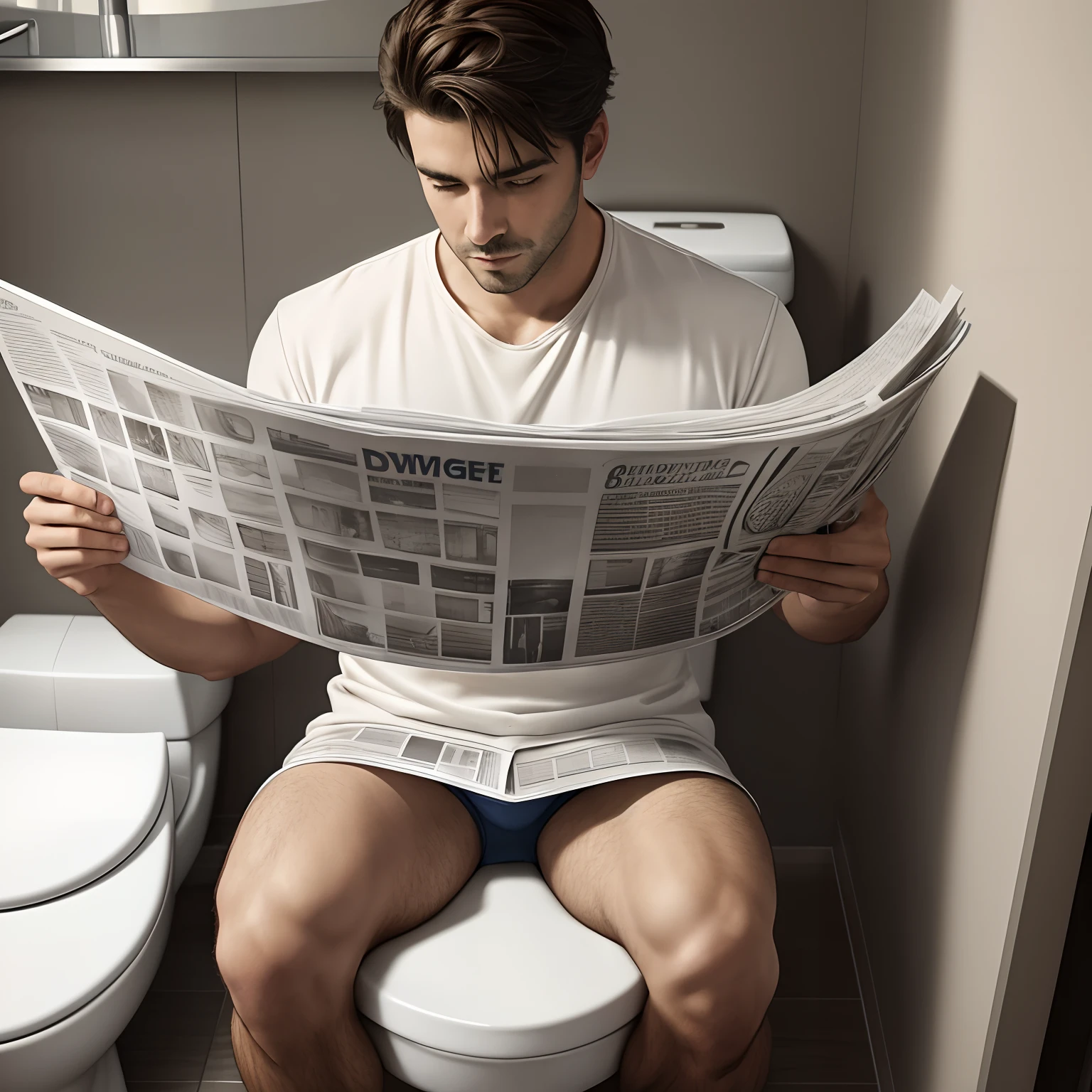 drawing of a man sitting on the toilet, reading a large newspaper , no pants, no underwear