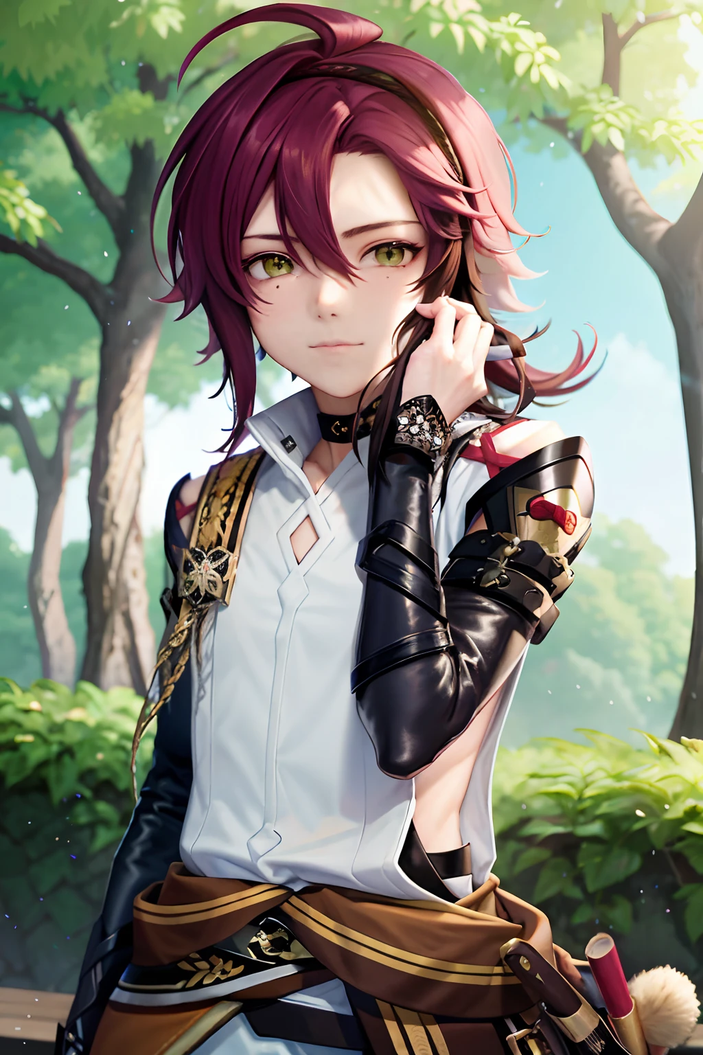 masterpiece, best quality,Shikanoin Heizou (genshin impact), 1boy, male focus, kurokote, green eyes, kote, multicolored hair, mole under eye, red hair, solo, mole, black choker, japanese armor, looking at viewer, choker, armor, streaked hair, aiguillette, sleeveless, ahoge, long hair, low ponytail,(kbxll:0.6)