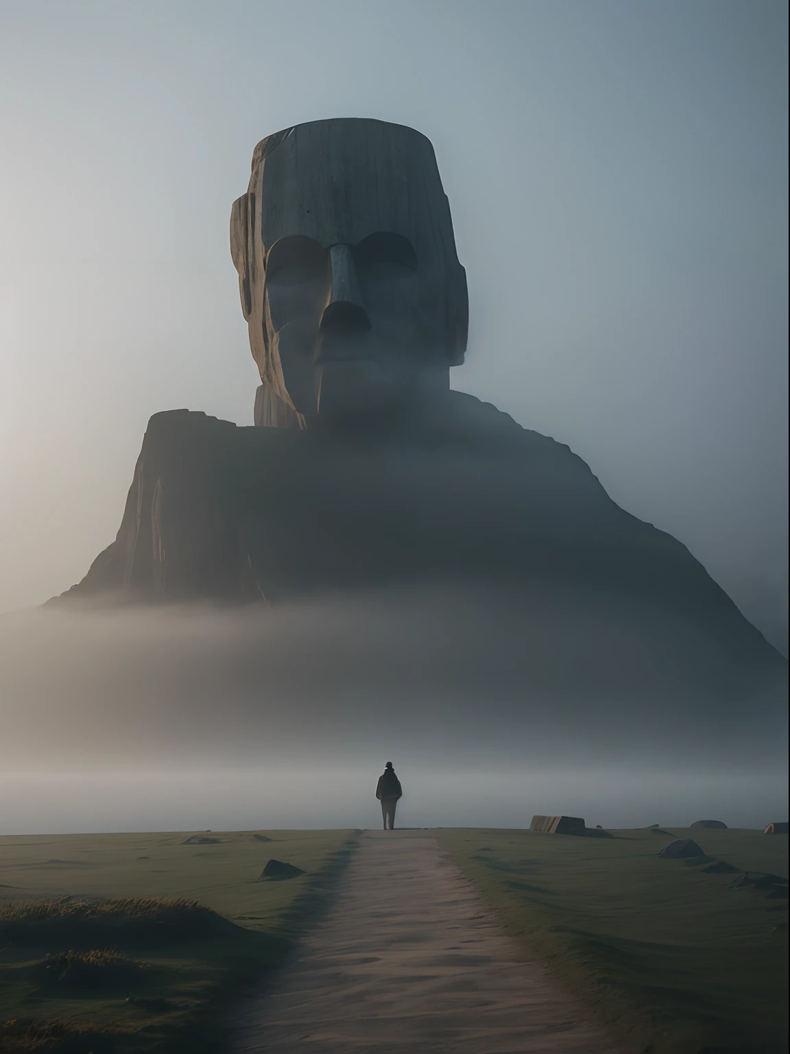 Faint hint of a lonely wanderer walking in the direction of an ridiculous enormously gigantic stone sculpture of a face in the distant mist and fog, cinematic