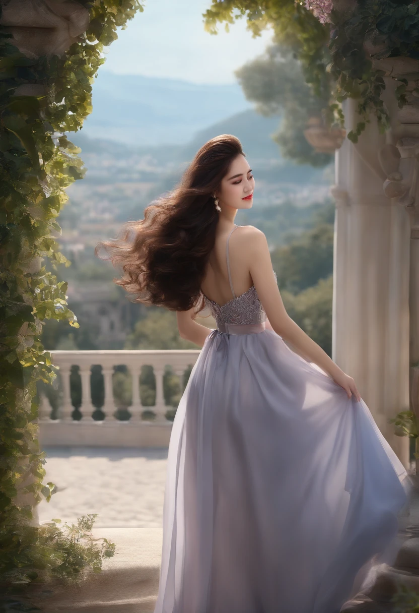 ((top-quality、8k、masterpiece:1.3))、1girl in、Rear view、a smile、femele、posterior view、Pretty women、(dark brown hair)、Full-length dresses:1.1、Will