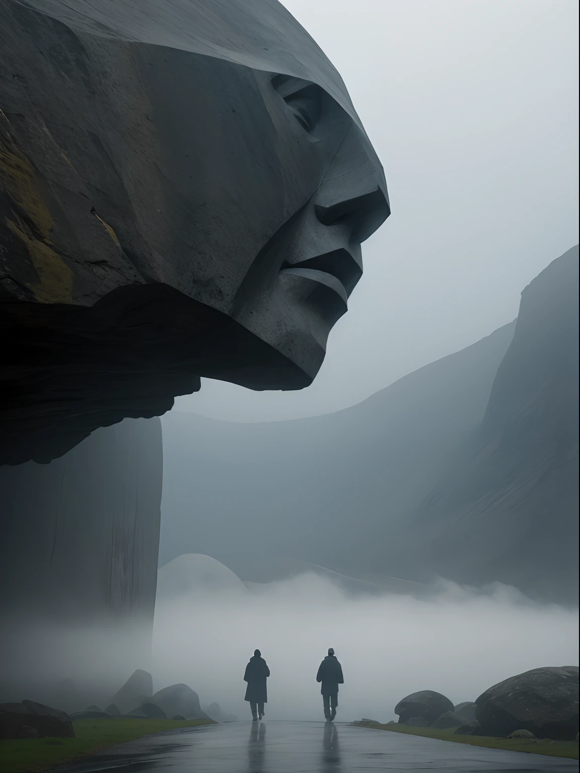 Faint hint of a lonely wanderer walking in the direction of an ridiculous enormously gigantic stone sculpture of a face in the distant mist and fog, cinematic