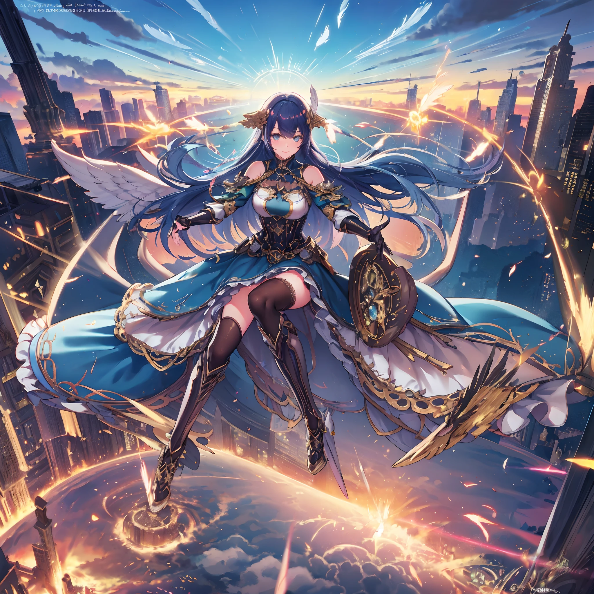(((8K,masutepiece,Best Quality))), maxiskit, dress conservatively 1 girl, Solo, Full body, wide shoot,BREAK、(((Cute angel flying in the blue sky))), Fantasy, Big Angel Wings, Big smile, Blue long wavy hair, Blue hair, Delicate eyes, beautifullydetailedbackground, BREAK、(Above the clouds in the blue sky), (2 large feathers:1.3), Lens Flare,Anime girl with angel wings and sword in hand, anime goddess, goddess of Japan, cushart krenz key art feminine, angel knight girl, Seductive Anime Girl, beautiful alluring anime woman, anime fantasy artwork, high detailed official artwork, marin kitagawa fanart, anime fantasy illustration, beautiful celestial mage, Very detailed ArtGerm, Detailed Digital Anime Art((Super best quality)), ((A very masterpiece)), ((super detailing:1.4)), ((hyper realistic lifelike 3d)), Dragon Warrior Girl, Mechanical body, Dynamic action poses in battle scenes, Mechanical weapons of very complex and heavy fighters, Off-the-shoulder fashion that fuses dense and complex steampunk with dense gothic lolita, Complex steampunk headgear, very thin long legs, Mechanical boots above the knee, Fluttering Lace Flared Mini Skirt, beautiful small breasts directed upwards,Rather long vertically curly silver hair flutters in the wind,Countless shining large spheres flying around,Many sparks cross and splash,Countless neon signs rained down from the magic-invoking gesture,Steampunk Factory,Complex and precise mechanical ruins,Very dark night background,Very dramatic and cinematic lighting。