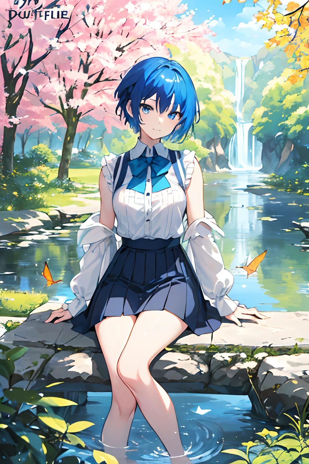((masterpiece)), deadpan, (((top-quality))), ((illustratio)),
1girl in,, ((独奏)), (详细的脸), (Beautiful details), Bright eye, blue eyess, ((dishevled hair)),
A smile、blank stare、sitting on、((Facing to the side))、
Bow Tie Hair Band、Black transparent skirt、noble、Mystical、
Bright background、clouds、naturey、Sunshine through leaves、butterflys、a river、write、
(magazine:1.1), (cover-style:1.1), Fashionable, femele, with a vibrant, outfits, the pose, the front, Colorful, Dynamic, Background with, element, I'm confident, expresive, ngel, statement, accessorized, An majestic, coiled, surroundings, Touch, The scene, Texto, covers, It's bold, captures the attention, Titles, Stylish, Catchy, headline, The large, Impressive, moderno, Trendy, Focus, lo fashion,Gilji Blue Hair Short Hair、Gilji Bluehair Shorthair