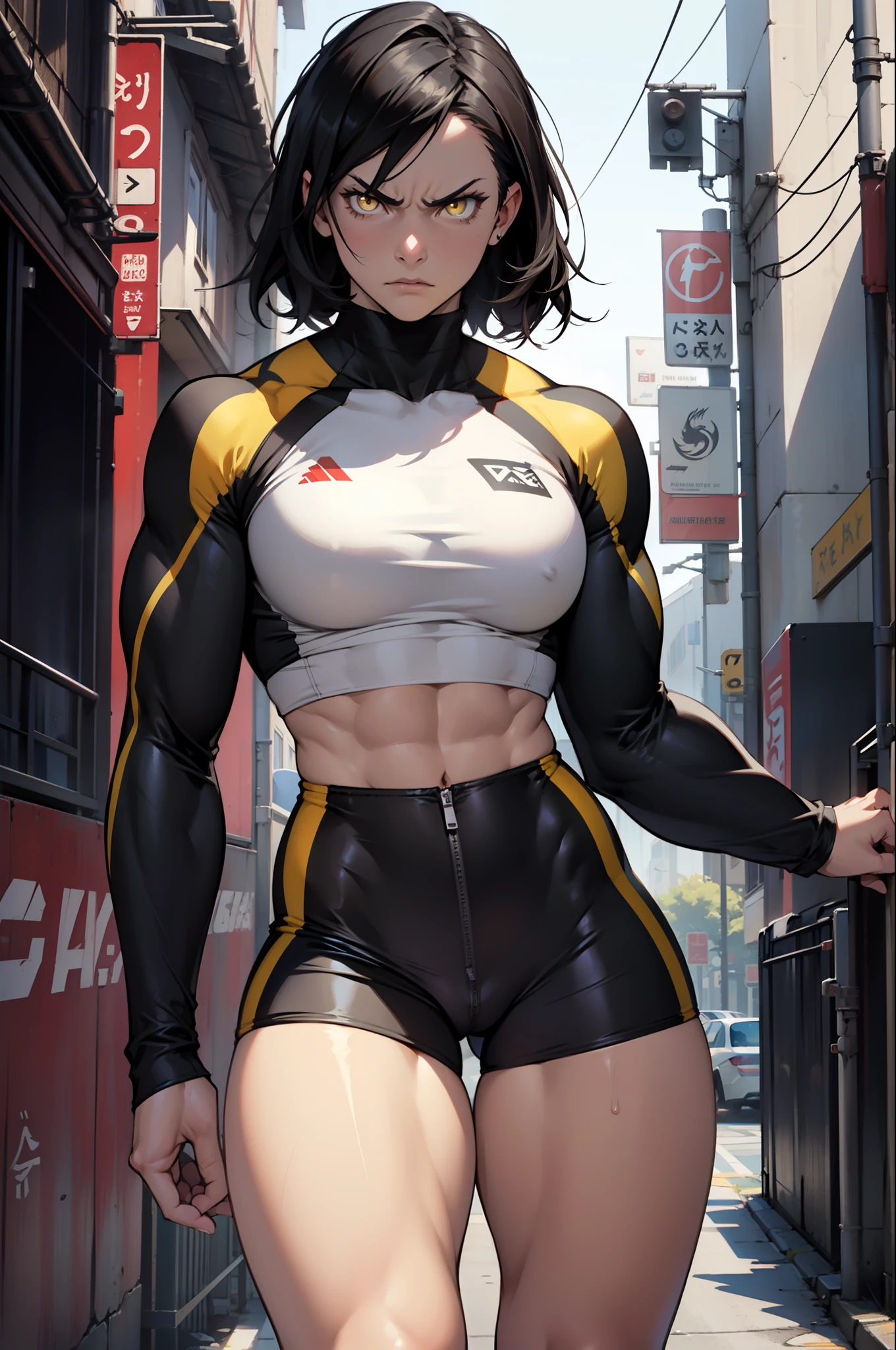 (muscular, thick thighs, small breasts, tight clothes, toned body, 1 girl), black hair, pale skin, yellow eyes, angry, solo