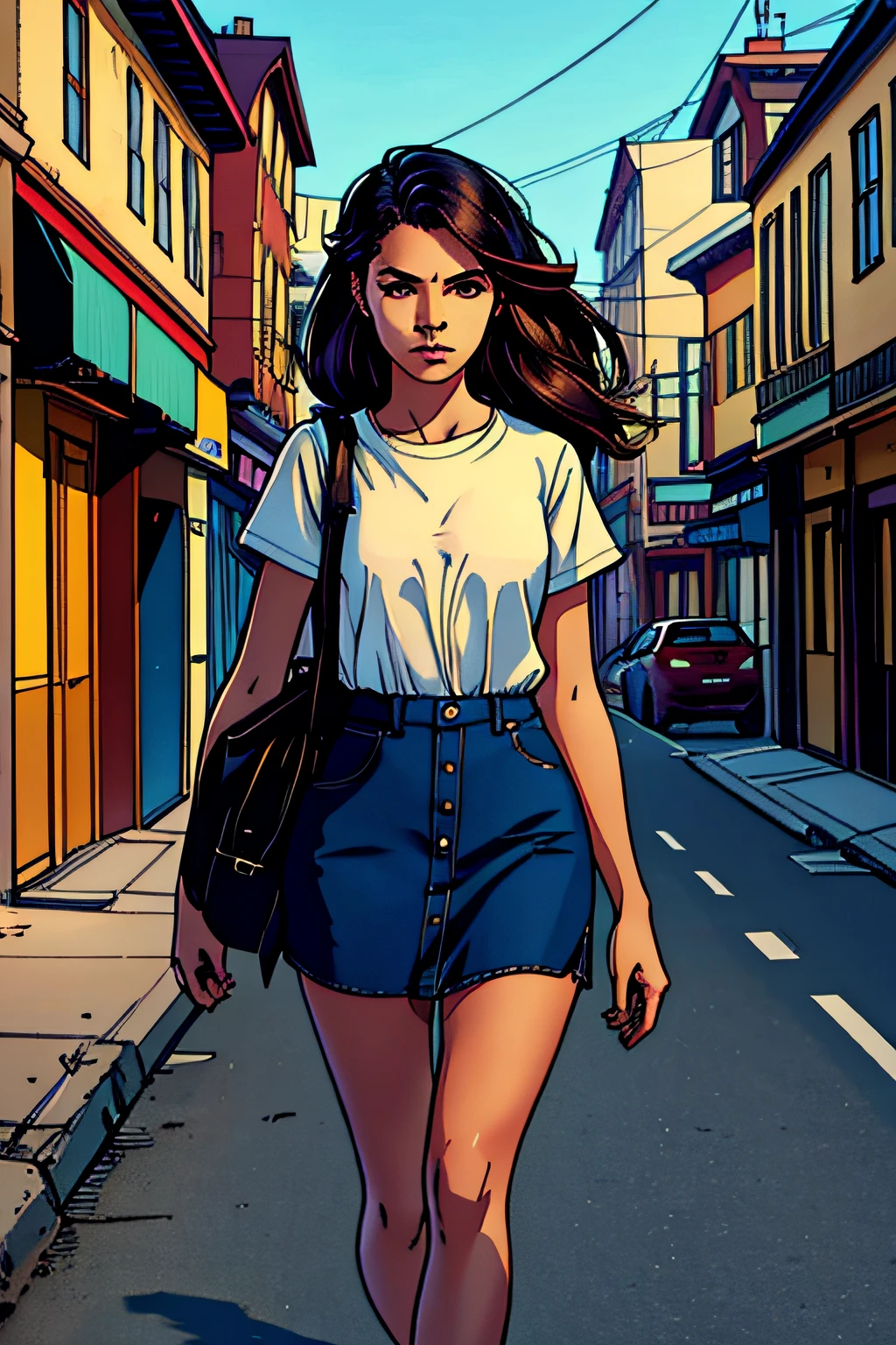 A young woman, ALEX, is walking down the street, minding her own business. She is wearing a simple outfit and has a thoughtful expression on her face.