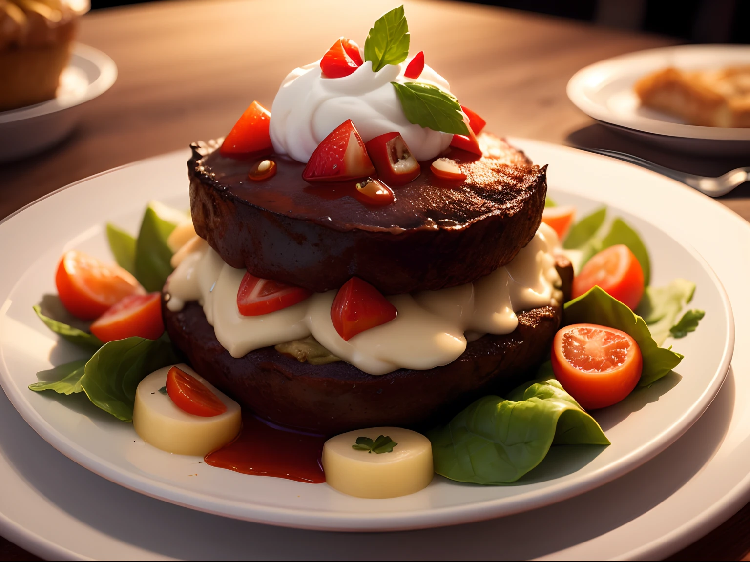 Food photography of a gourmet meal, with a shallow depth of field, elegant plating, and soft lighting