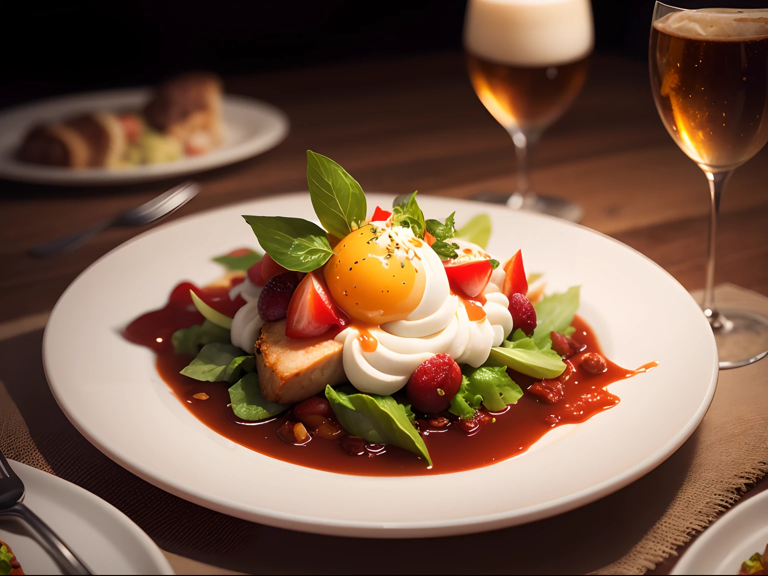 Food photography of a gourmet meal, with a shallow depth of field, elegant plating, and soft lighting