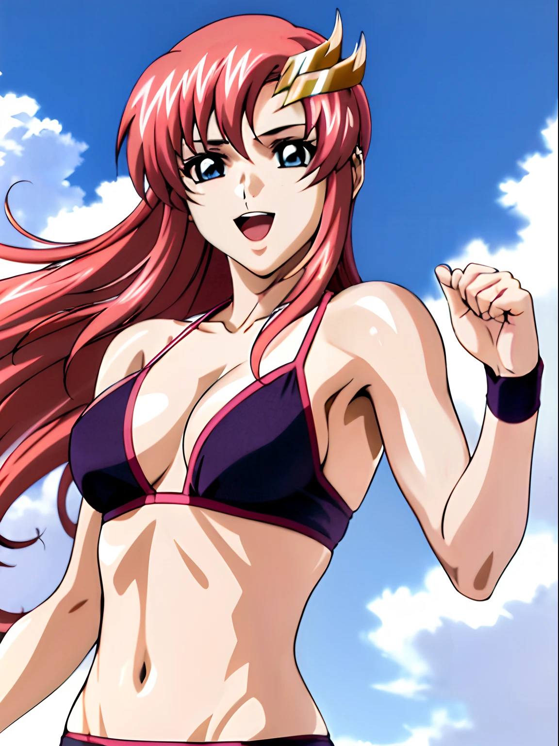 (masterpiece, upper body view, 4K, Best Quality, Anime style: 1.9,, Adult Woman, ultra detailed face, (cloud background, wrestling), Drawing lines, high resolution, Anime, lacus4), 1girl, Solo, curvy figure, Long hair, 鎖骨, scapular, (Detailed wide hair bangs, Hair Ornament, Detailed reddish-pink hair, golden crest), cleavage, large hands, (female wrestler). (Big blue eyes, shiny eyes), ((female wrestler, little biceps, slender body, broad shoulders, closed fists)), ((perfect proportions, medium breasts, long belly)), (((bikini, pink wrestling gear, champion))), happy, smile, open mouth, (leaning, looking at the viewer), showing off underarm, (elegant)