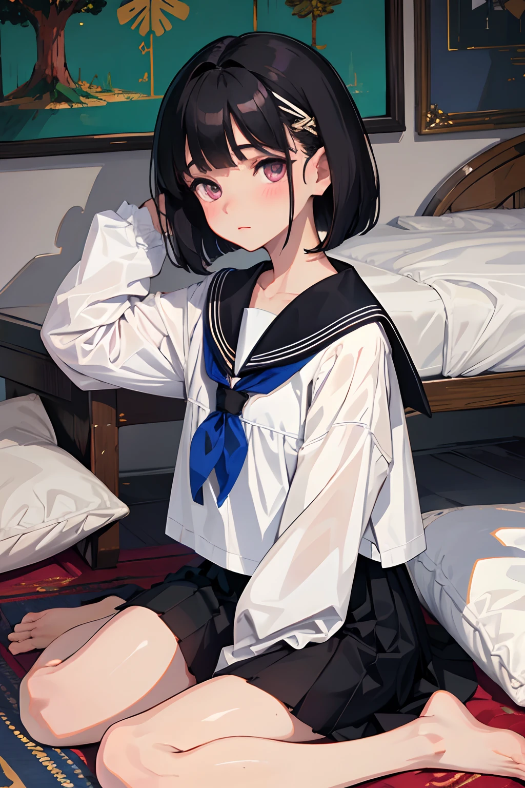 wariza，（​masterpiece，Highest Quality），()，((a sailor suit，a black skirt))，(A dark-haired，Medium bob)，Light pink eyes，embarrassed from，sleepy expression，Delicate body