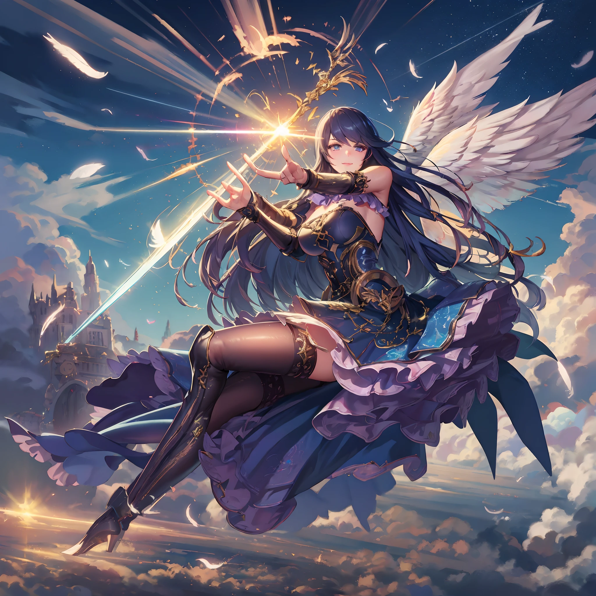 (((8K,masutepiece,Best Quality))), maxiskit, dress conservatively 1 girl, Solo, Full body, wide shoot,BREAK、(((Cute angel flying in the blue sky))), Fantasy, Big Angel Wings, Big smile, Blue long wavy hair, Blue hair, Delicate eyes, beautifullydetailedbackground, BREAK、(Above the clouds in the blue sky), (2 large feathers:1.3), Lens Flare,Anime girl with angel wings and sword in hand, anime goddess, goddess of Japan, cushart krenz key art feminine, angel knight girl, Seductive Anime Girl, beautiful alluring anime woman, anime fantasy artwork, high detailed official artwork, marin kitagawa fanart, anime fantasy illustration, beautiful celestial mage, Very detailed ArtGerm, Detailed Digital Anime Art（（Super best quality））， （（A very masterpiece））， （（super detailing：1.4））， （（hyper realistic lifelike 3d））， Dragon Warrior Girl， Mechanical body， Dynamic action poses in battle scenes， Mechanical weapons of very complex and heavy fighters， Off-the-shoulder fashion that fuses dense and complex steampunk with dense gothic lolita， Complex steampunk headgear， very thin long legs， Mechanical boots above the knee， Fluttering Lace Flared Mini Skirt， beautiful small breasts directed upwards，Rather long vertically curly silver hair flutters in the wind，Countless shining large spheres flying around，Many sparks cross and splash，Countless neon signs rained down from the magic-invoking gesture，Steampunk Factory，Complex and precise mechanical ruins，Very dark night background，Very dramatic and cinematic lighting。