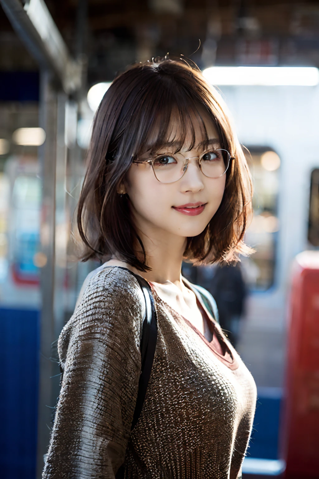 (8K、Raw photography、top-quality、masterpiece:1.2)、(realisitic、Photorealsitic:1.37)、ultra-detailliert、超A high resolution、1人、see the beholder、beautifull detailed face、A smile、Constriction、(Slim waist) :1.3)、short-cut、Beautiful detailed skin、Skin Texture、Floating hair、Professional Lighting、Wait for the platform train、Square glasses with black rimming 、Whole human body、Brown hair