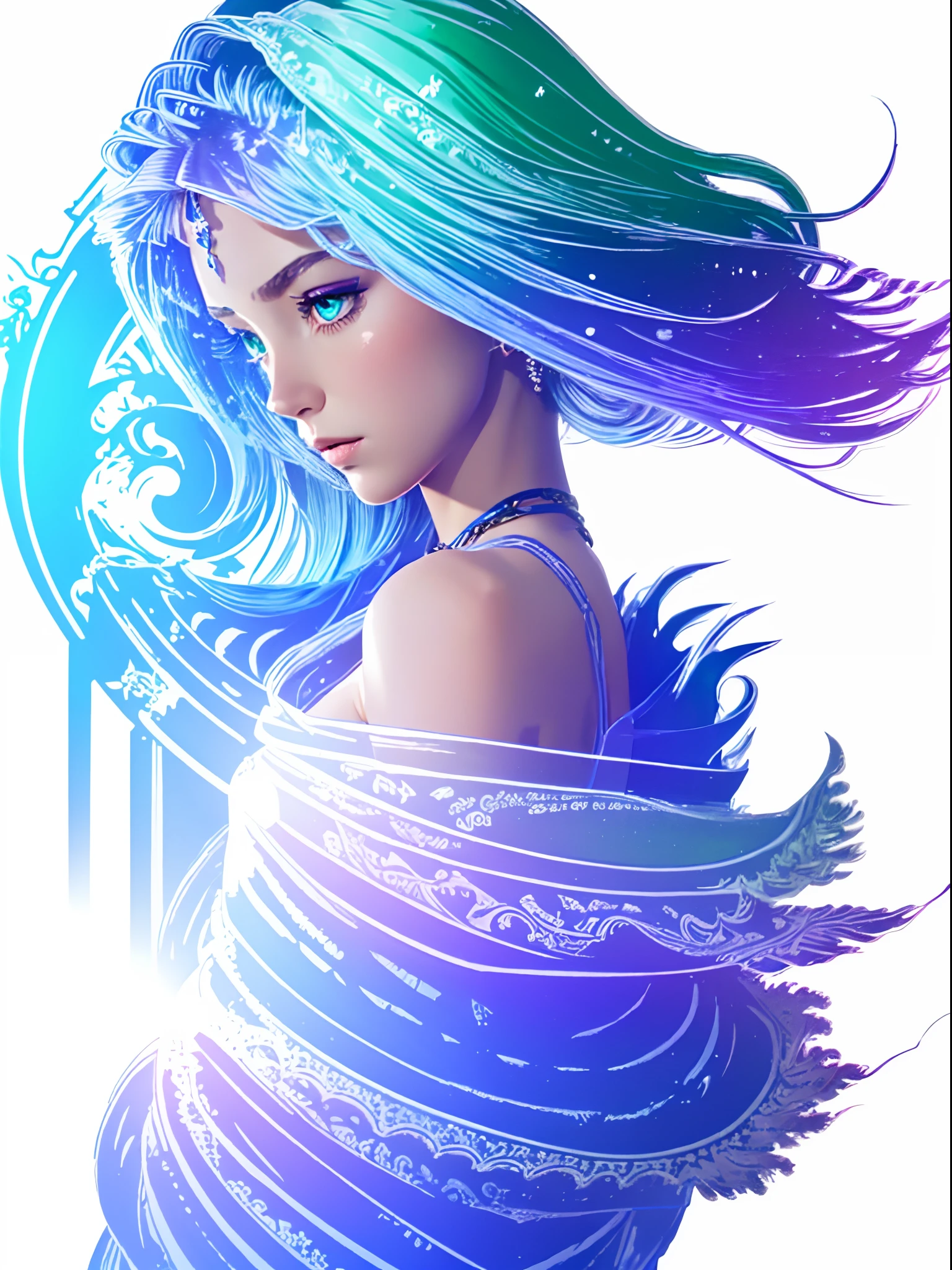 fflogo, white background, simple coloring, blue and purple gradient, masterpiece, best quality, intricate details, 1girl, solo, stunning paladin female, dainty, elegant, prim, proper, swirling magic, green eyes, side profile,