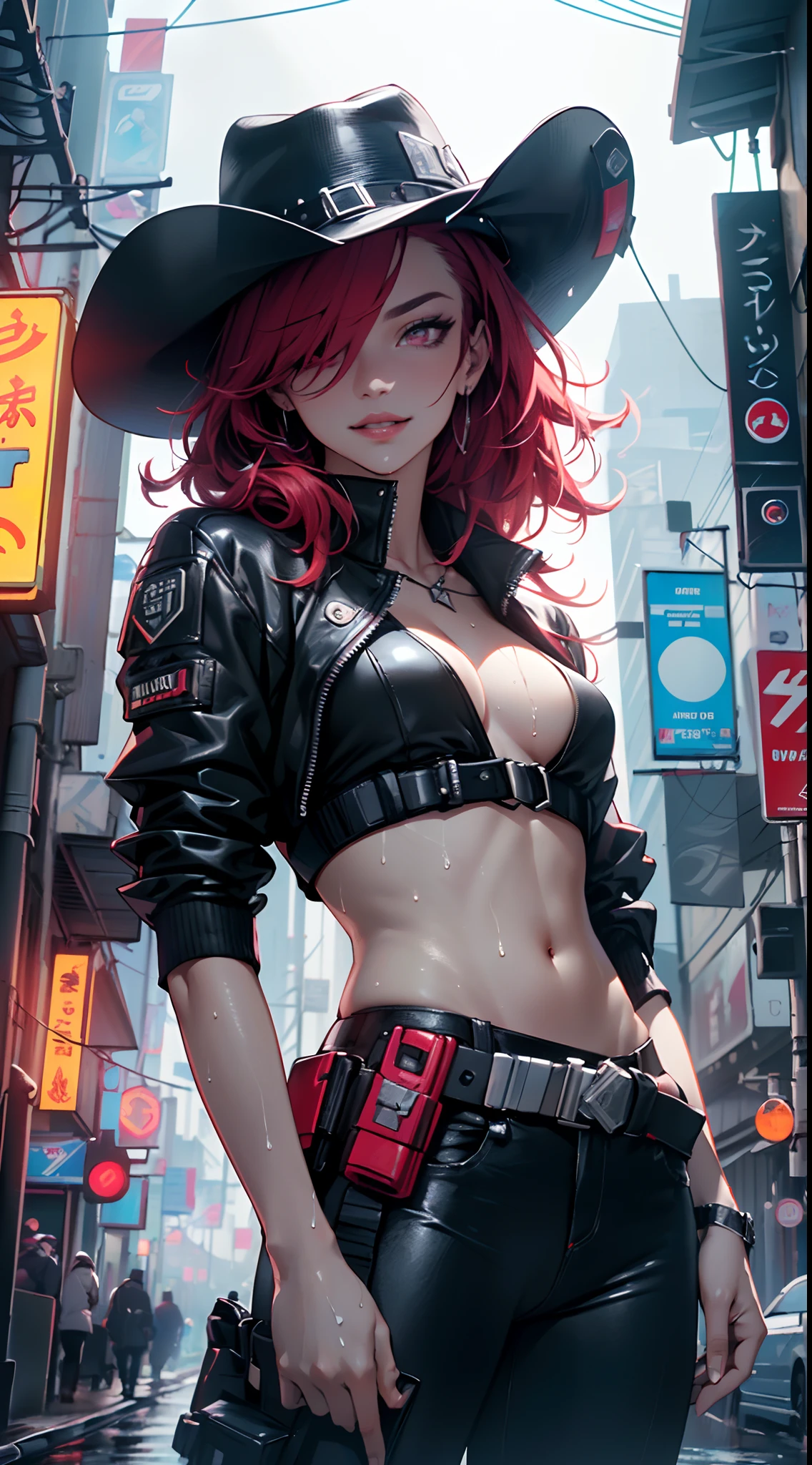 man:1.5,1 man,cyberpunk gunslinger,(((1man))),((man with messy red hair))),
(((1male,man:1.5,handsome man,male,male gender:1.5,male focus))),macho man,
((messy red hair,dark_red_hair,detailed hair,highly detailed hair,red hair,hair over one eye:1.2,dyed interior hair,colored inner hair)),(((lustrous skin:1.5,tanned skin,bright skin: 1.5,skin tanned,shiny skin,very shiny skin,shiny body,illuminated skin))),(((dark_red_eyes:1.2))),intricate eyes,beautiful detailed eyes,symmetrical eyes,((man chest)),handsome face,((muscular)),(((detailed face))),
alluring look,nsfw,
(((bare chest))),dark pants,((bulge in pants)),((gunfighter outfit, (cyberpunk cowboy_hat:1.2))),(wearing a gunfighter outfit:1.3,gunslinger clothes),(cyberpunk gun holster,belt),((wet clothes,intricate outfit,intricate clothes)),
(crazy pose:1.0),solo focus,((evil smile,evil look)),(centered,scale to fit dimensions,Rule of thirds),
cyberpunk city by the ocean at night, with bright neon signs and dark stormy clouds and puddles, scenery:1.25,
highres, sharp focus, (ultra detailed, extremely detailed), (photorealistic artwork:1.37),(extremely detailed CG unity 8k wallpaper),((synthwave background theme)),(((vibrant colors))),(intricate background),(masterpiece),(best quality),
