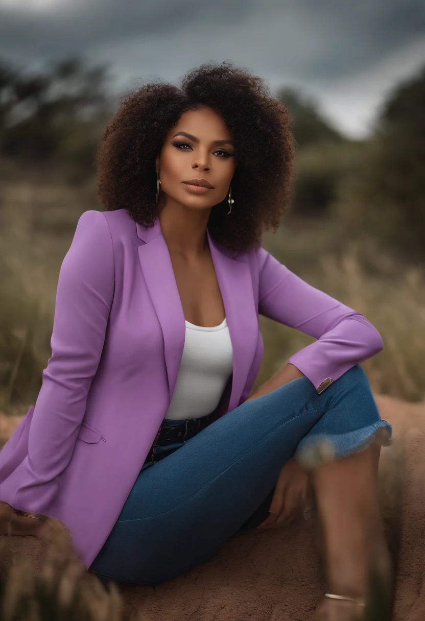 mulher latina, negra de 36 anos, cabelo cacheado, cabelo com cachos, designed for cozy aesthetics!, Wholesome, foto do produto de alta qualidade, usando roupa roxa, usando blazer roxo, arte do designer, foto oficial do produto, full facial vision, bottom angle, foto do produto em miniatura, foto de produto de alto detalhe, Tecnologia, foto profissional do produto, 1614572159, foto retrato