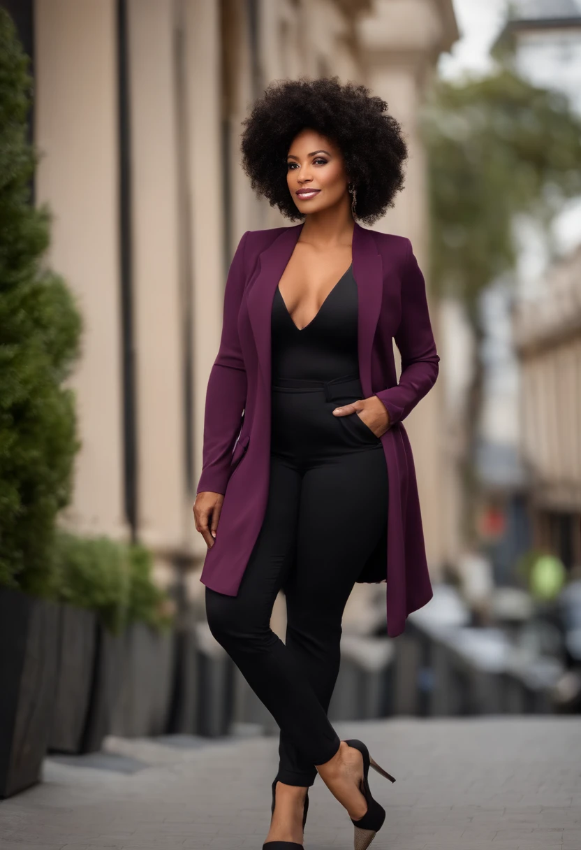 mulher latina, negra de 36 anos, cabelo cacheado, cabelo com cachos, designed for cozy aesthetics!, Wholesome, foto do produto de alta qualidade, usando roupa roxa, usando blazer roxo, arte do designer, foto oficial do produto, full facial vision, bottom angle, foto do produto em miniatura, foto de produto de alto detalhe, Tecnologia, foto profissional do produto, 1614572159, foto retrato