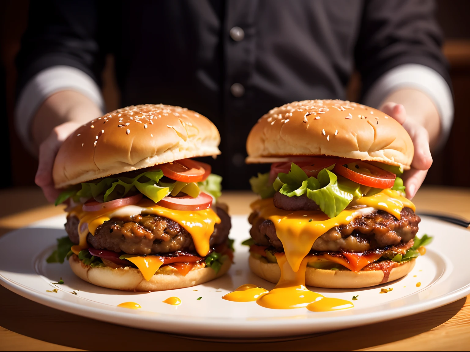 Food photography of a double cheeseburger and chips, with a shallow depth of field, elegant plating, and soft lighting