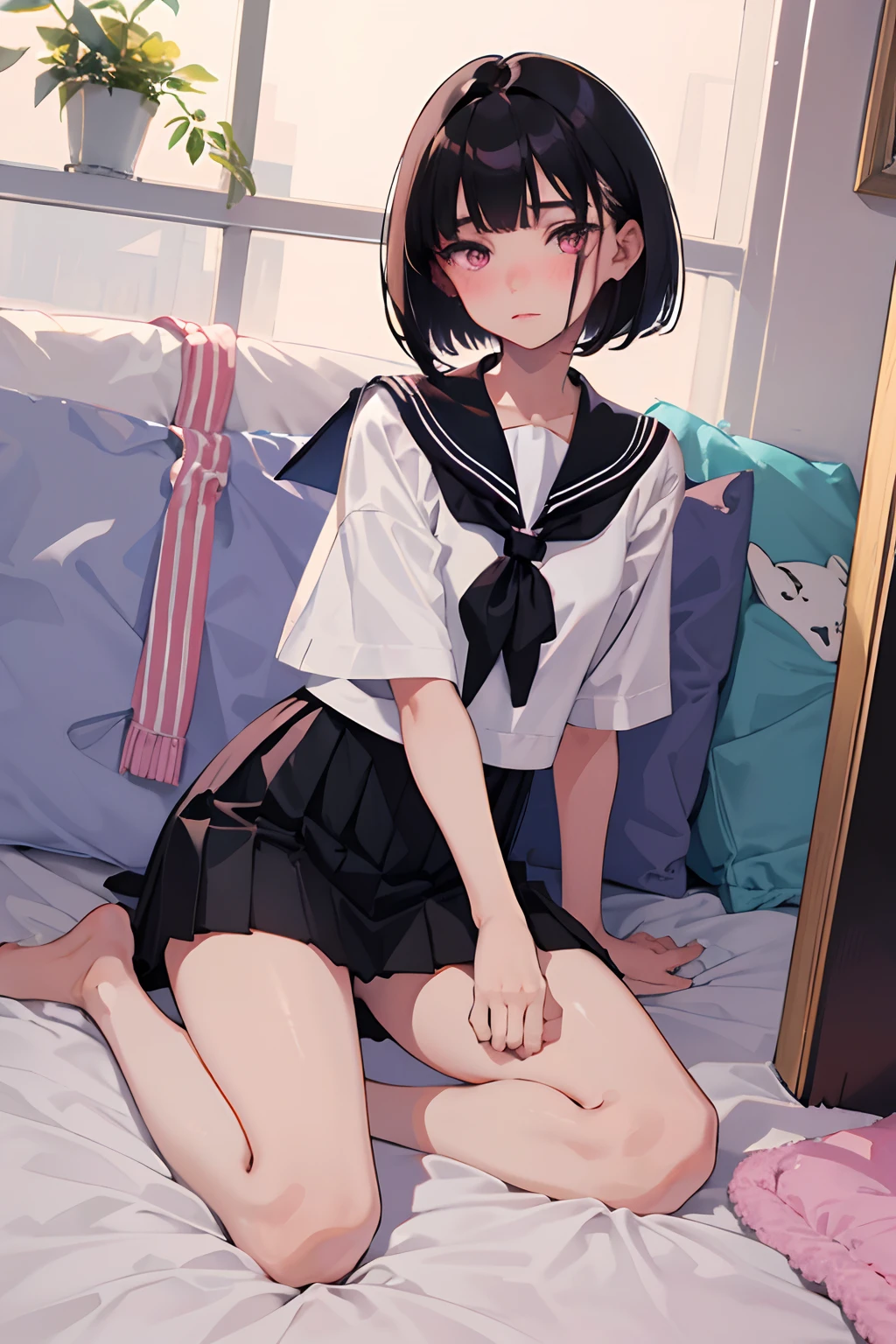 wariza,(masterpiece,Highest Quality),(),((a sailor suit,a black skirt)),(A dark-haired,Medium bob),Light pink eyes,embarrassed from,sleepy expression,Delicate body,schools