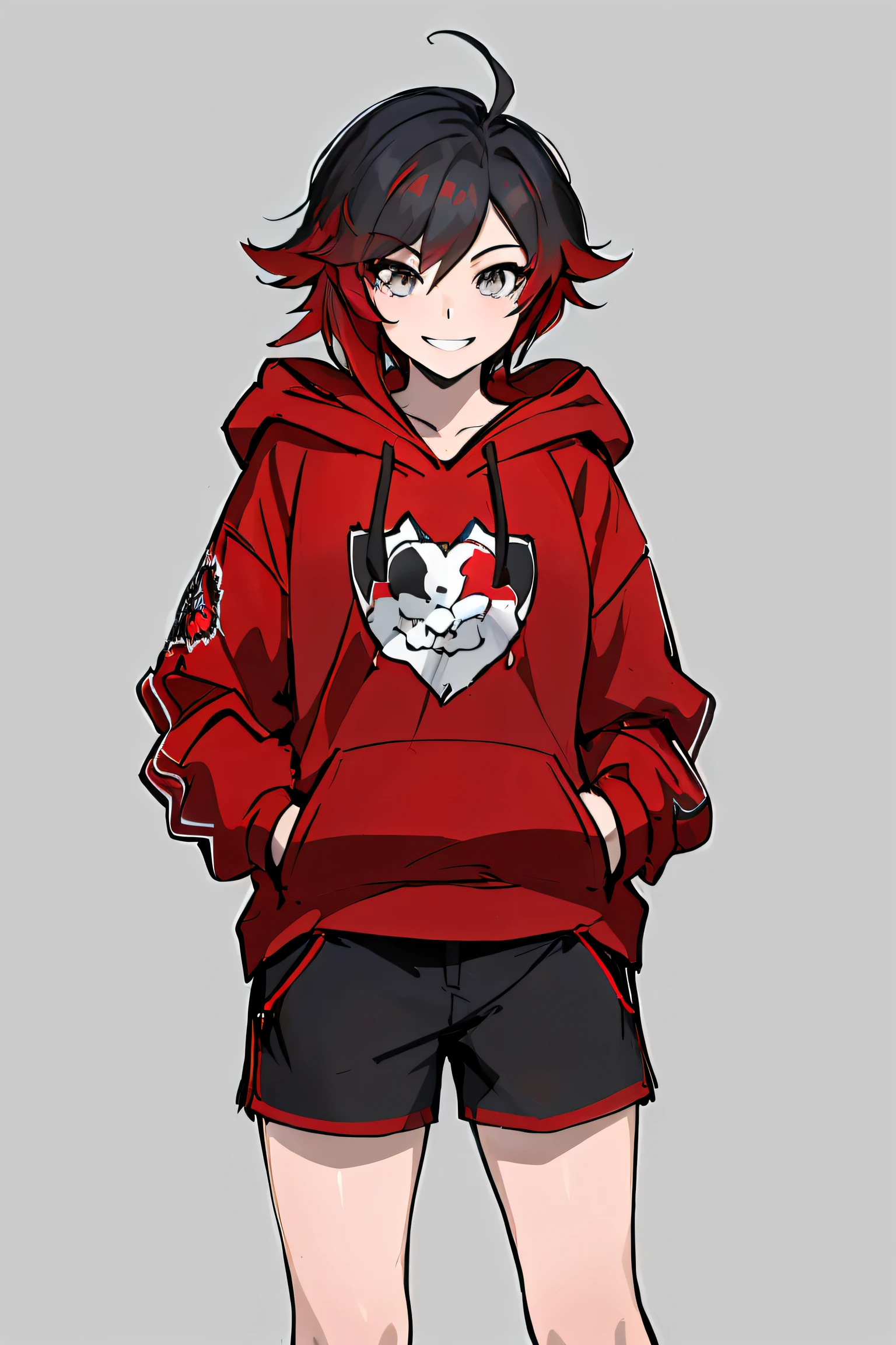 (absurdres, 8k, 4k, masterpiece, hyper extreme detailed:1.2), ((masterpiece,best quality)), absurdres, Ruby_RWBY, solo, looking at viewer, smiling, ruby rose, casualwear, hoodie, hands in pockets, smile, red gradients, black hair, silver eyes, shorts,