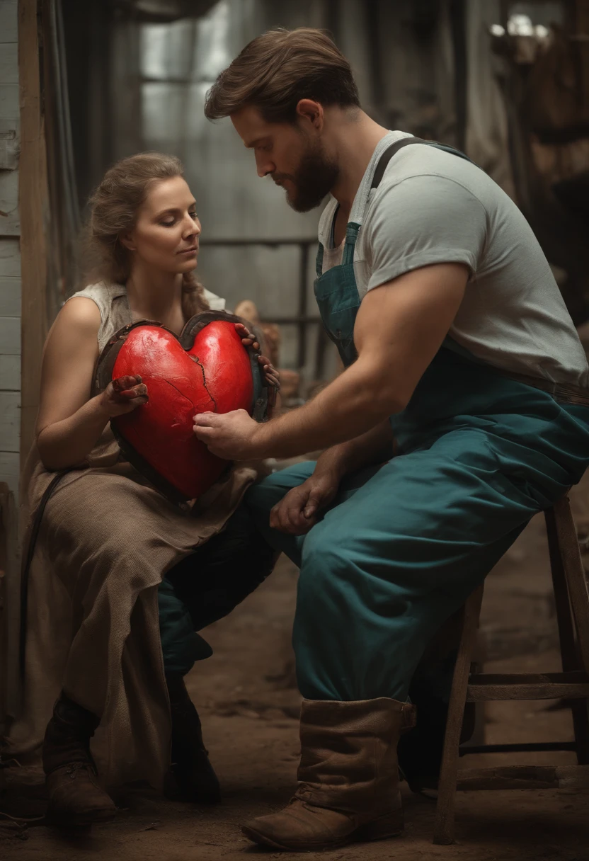 A couple making repairs and patches on a badly treated and injured giant heart