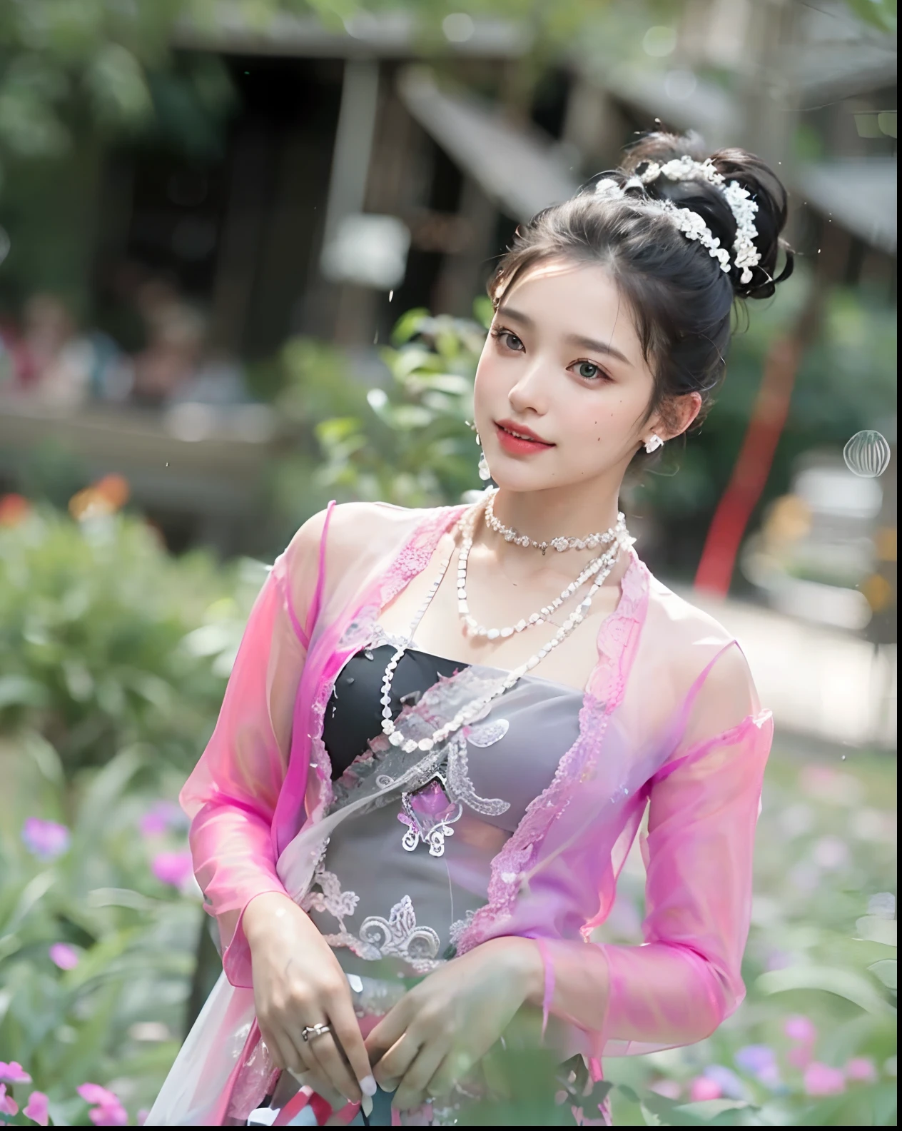 (button up to shirt length: 1.2), (White shirt wet by rain), (unbuttoned shirt: 1.1), big breasts, deep cleavage, best quality, masterpiece, illustration, very delicate and beautiful, very detailed, CG, Unity, 8K wallpapers, amazing, fine detail, highly detailed CG Unity 8K wallpapers, huge file size, very detailed, high resolution, handsome detailed woman, very detailed eyes and face, Stunning detailed eyes, light on the face, (Best illustration: 1.1), (best shadow: 1.1), ultra high resolution, (photorealistic: 1.1), (photorealistic 1.2:1.1), realistic face proportions, slim, smile, (makeup: 0.4), (fluffy black eyes: 1.21), black eyes, looking at the viewer, dark brown hair, earrings, necklaces, hairpins, cowboy shots, (irregular irregular skin imperfections, veins, skin wrinkles pores: 1.2), (dark night background: 1.2), (bokeh: 1.4),