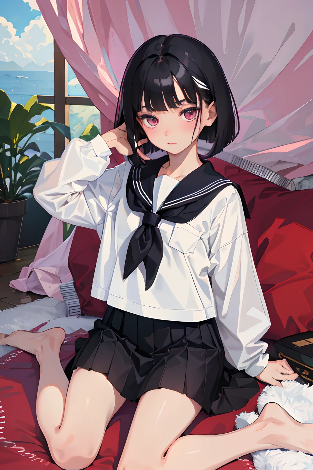 wariza,(masterpiece,Highest Quality),(),((a sailor suit,a black skirt)),(A dark-haired,Medium bob),Light pink eyes,embarrassed from,sleepy expression,Delicate body,schools