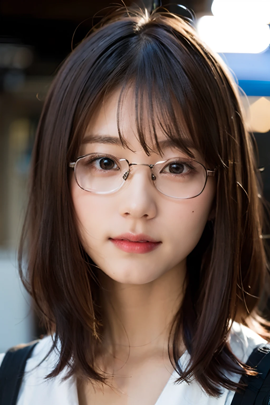 、、Looking at the audience、(Highest quality、masterpiece)))、High resolution、Very detailed、masterpiece、Light、(8K、Highest quality、masterpiece:1.2)、(Realistic、Realistic:1.37) High resolution、Super detailed、Woman wearing glasses、Round glasses with thin frames、Light colored eyeglass frames、Asian, cute, cute顔, alone, Short Hair 1.2, Textured skin, , Detailed night view, Light, Written boundary depth, レンズフレアLight、smile、Small breasts、Beautiful and detailed eyes、Twin tails、、Floating Hair Nova Frog Style、Leaning forward,Cleavage,Leather Jacket, Formal shirt,library,Sitting