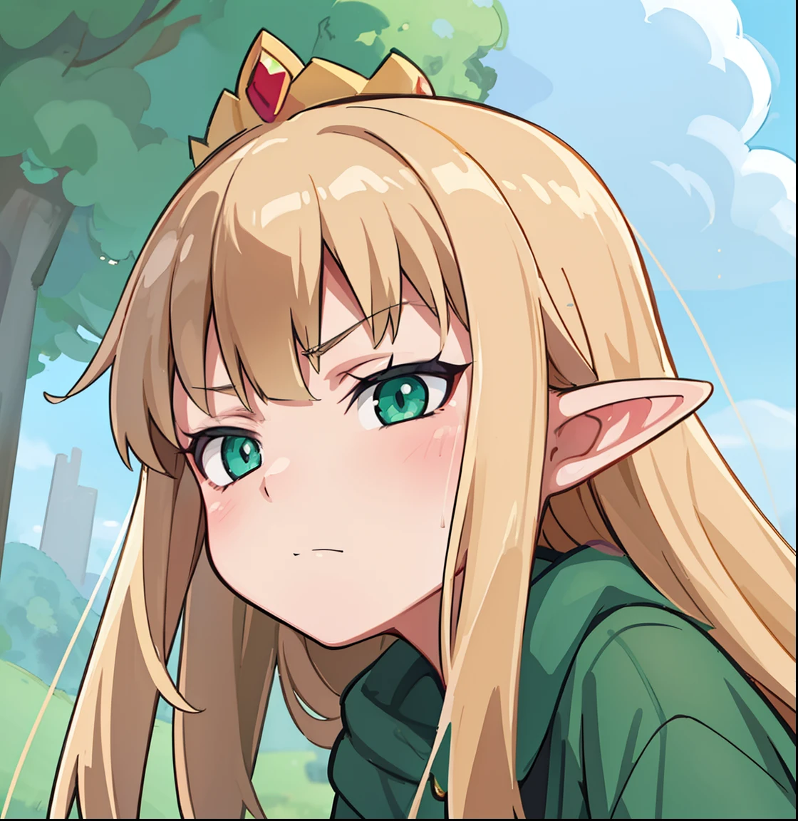 hiquality, tmasterpiece (one girls) pixie. Clothing Green Raincoat. blonde woman. Golden crown with red ruby. Cyan eyes. against the background of the forest and the sky
