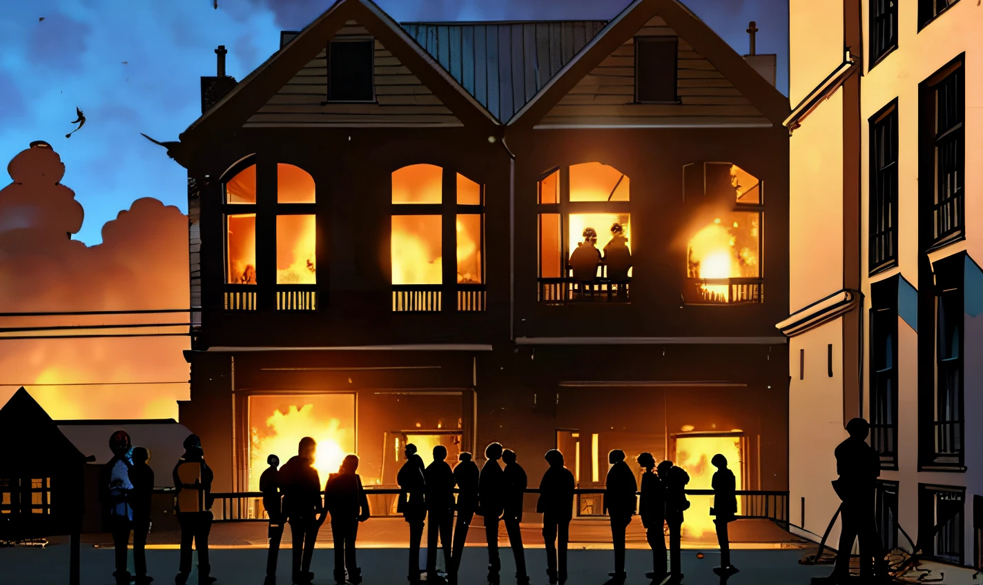 a group of people gathered around a burning building screaming for help. A  is trapped on the second floor, crying for help.