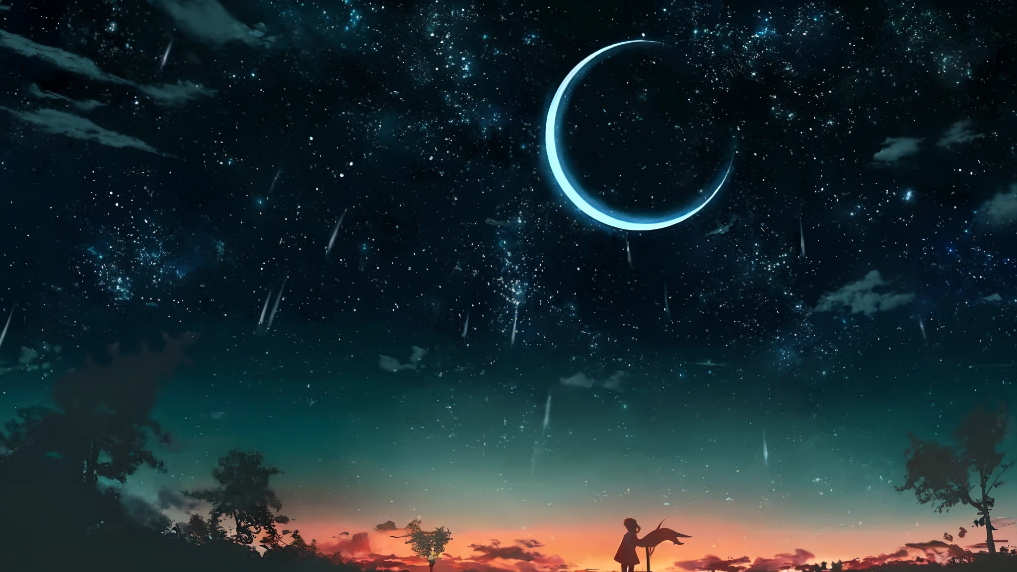 a person standing on a dock watching the moon, makoto shinkai cyril rolando, shining crescent moon, crescent moon, inspired by Cyril Rolando, amazing wallpaper, dreamy night, ☁🌪🌙👩🏾, themed on the stars and moon, the moon and stars, tranquility of the endless stars, night under the starry sky, ✨🕌🌙