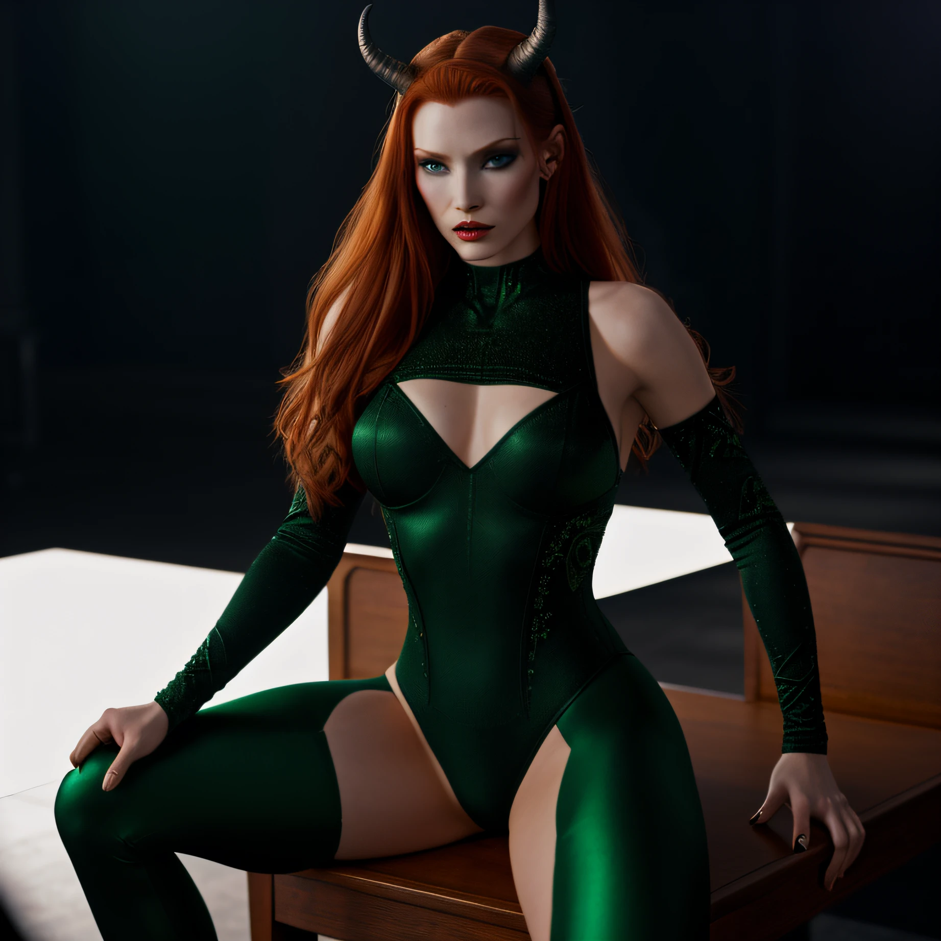 a slender ultra sexy seductress redhead, exquisite makeup, with (medium sized very firm breasts) sideboob, in a dark nightclub, turned towards camera, sexy attire, long hair, looking at viewer, Realism, VFX, Volumetric Lighting, Volumetric Light, Volumetric, Natural Lighting, high details, detailed and intricate, intricate details, high intricate details, absurd amount of details, absurdres, high resolution,wearing a black long-sleeved leotard, green cold calculating look eyes , not smiling, succubus horns, well-proportioned body , athletic and toned, angry , taking a seat ,