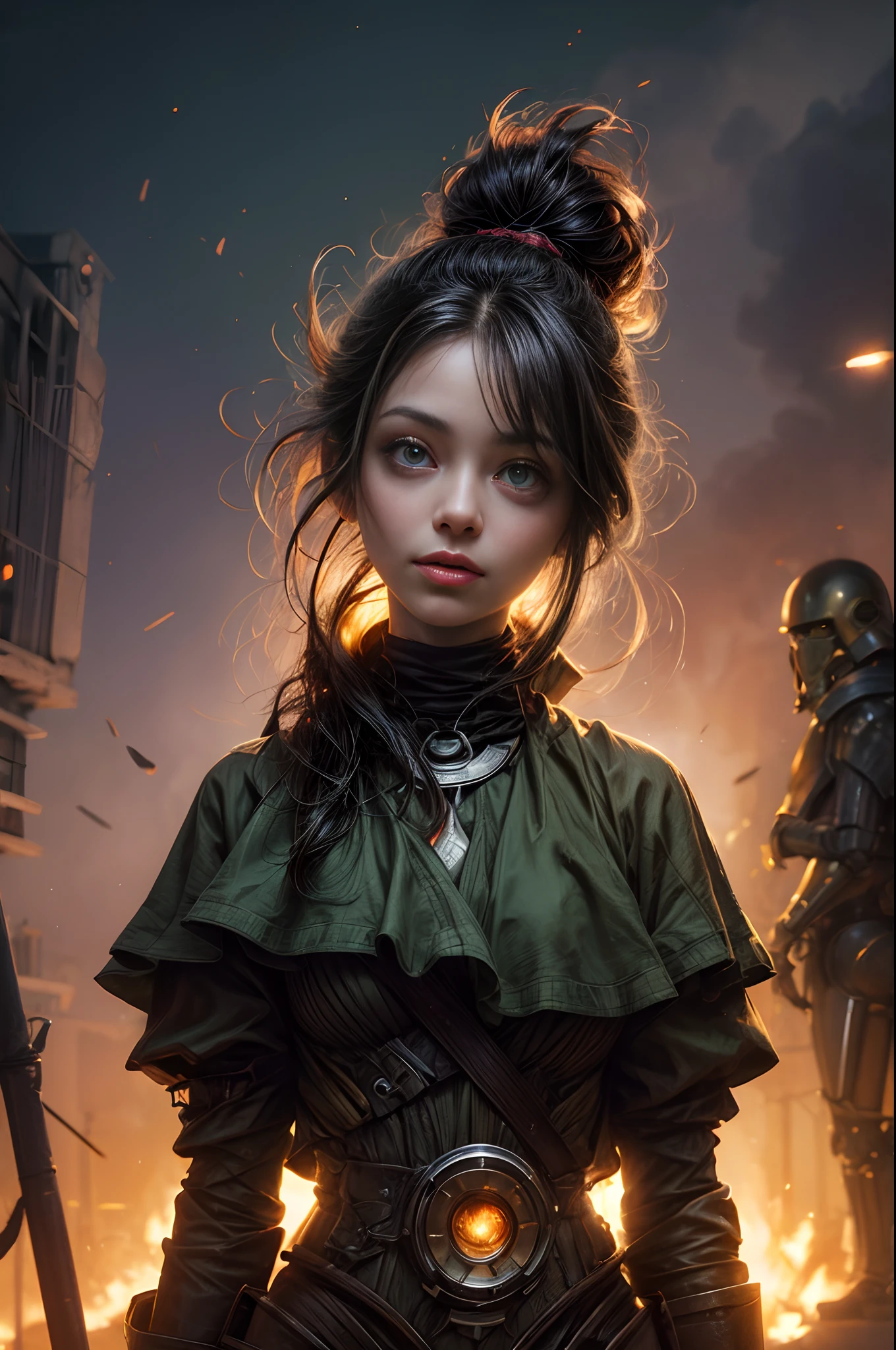 cute big eyes translucent green mushroom droids and a beautyfull girl,virus fight the droids,by Daniel Merriam, Nikolina Petolas, Peter Gric, Dariusz Klimcza full colors, hair backlighting, back lighting, volumetric lighting, 8K, perfect eyes, perfect pupils, expressive eyes, hands by Albrecht Durer, smoke, particle fx, mist, fog, fire, explosions, debris,