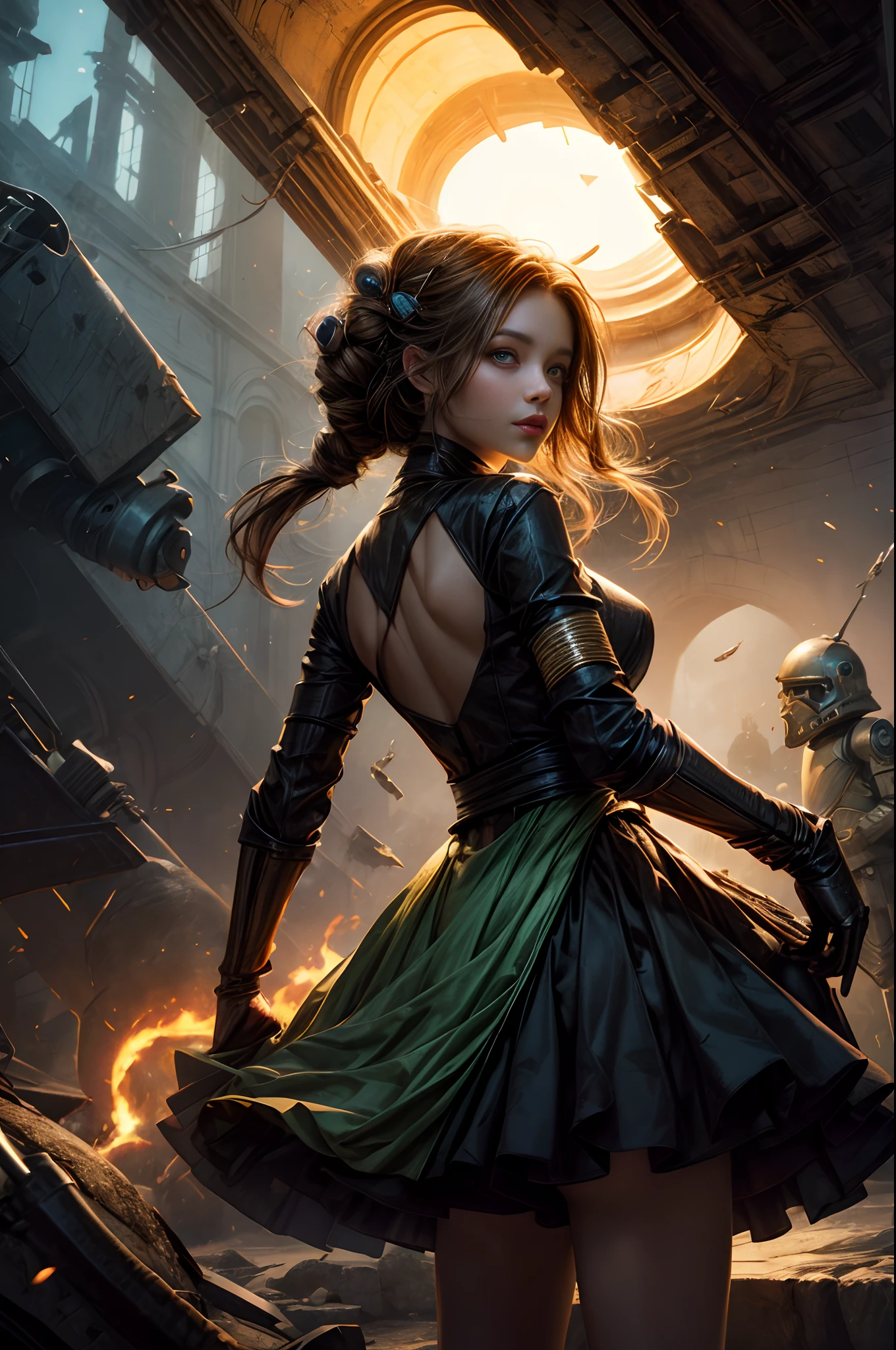 cute big eyes translucent green mushroom droids and a beautyfull girl,virus fight the droids,by Daniel Merriam, Nikolina Petolas, Peter Gric, Dariusz Klimcza full colors, hair backlighting, back lighting, volumetric lighting, 8K, perfect eyes, perfect pupils, expressive eyes, hands by Albrecht Durer, smoke, particle fx, mist, fog, fire, explosions, debris,
