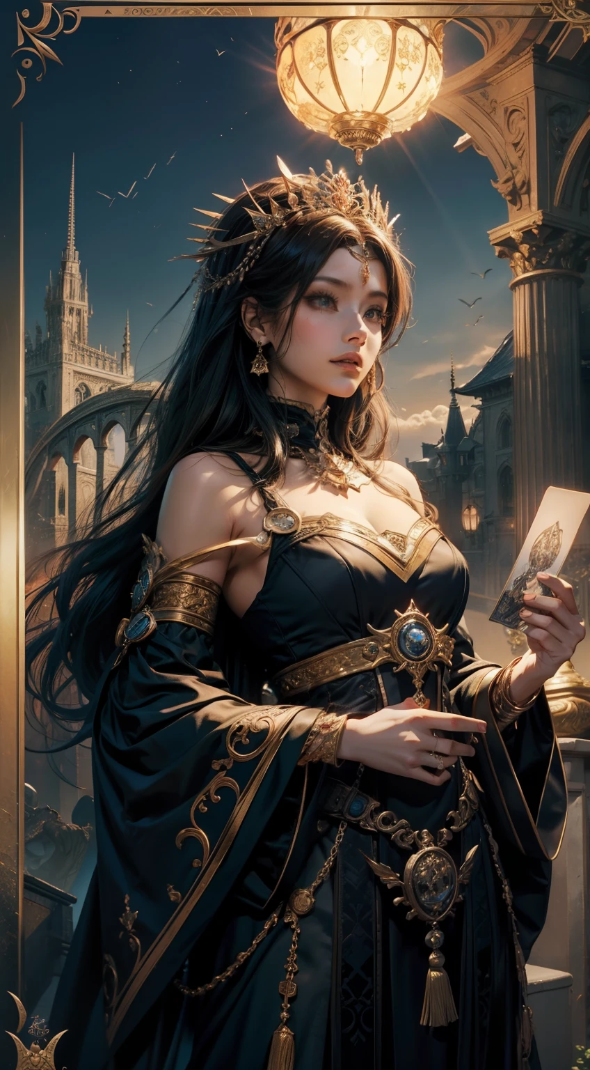 (tmasterpiece、nood、Ultra-delicate、hight resolution)),(Tarot Cards、Game Cards、Card borders:1.5、Marco:1.5),(Be free、Dolce、𝓡𝓸𝓶𝓪𝓷𝓽𝓲𝓬、adventure、boldness、Elements of travel) she is a goddess of fate and is giving you the card is, The Tower.
