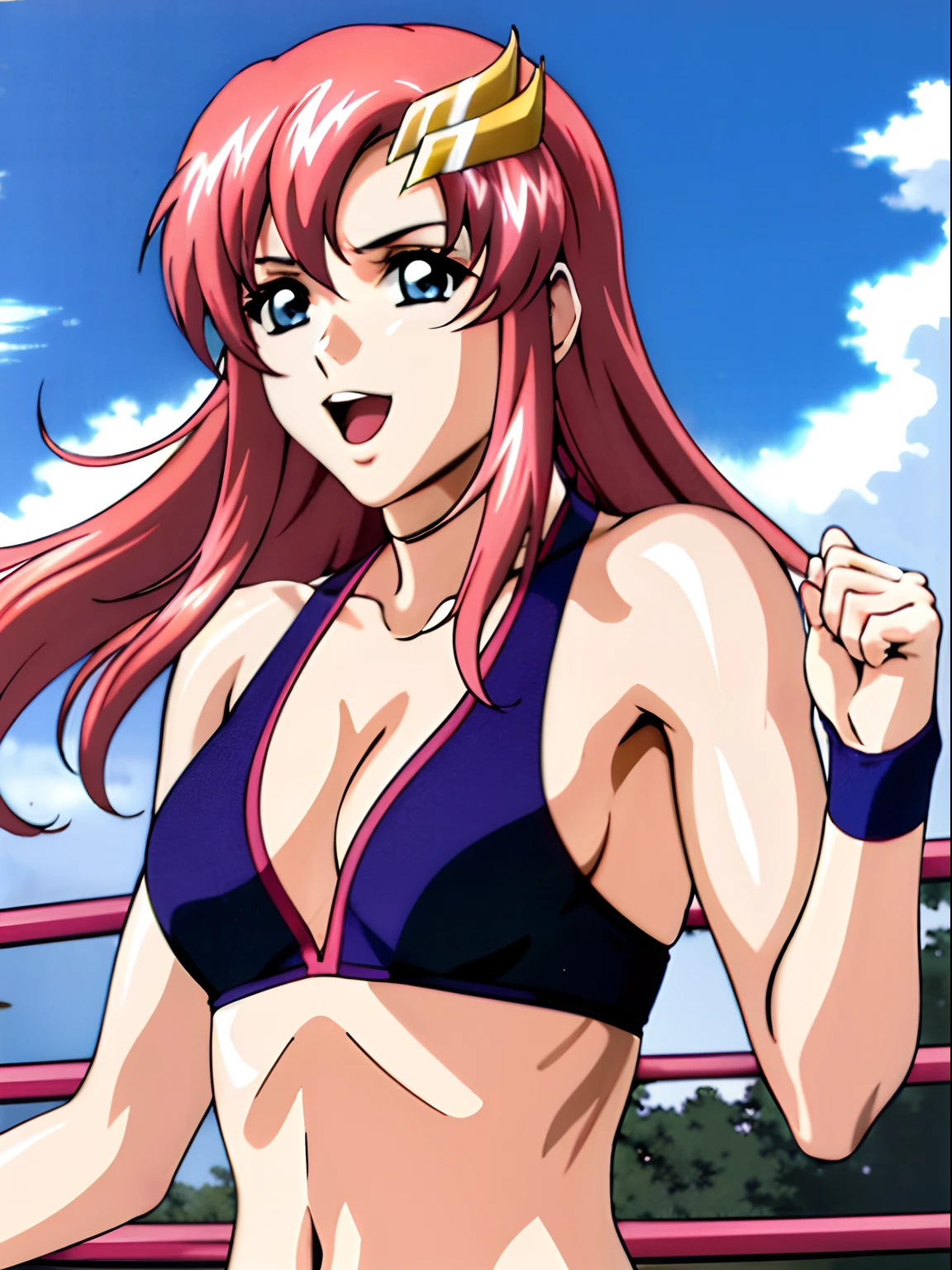 (masterpiece, upper body view, 4K, Best Quality, Anime style: 1.9,, Adult Woman, ultra detailed face, (cloud background, wrestling), Drawing lines, high resolution, Anime, lacus4), 1girl, Solo, curvy figure, Long hair, 鎖骨, scapular, (Detailed wide hair bangs, Hair Ornament, Detailed reddish-pink hair, golden crest), cleavage, large hands, (female wrestler). (Big blue eyes, shiny eyes), ((female wrestler, little biceps, slender body, broad shoulders, closed fists)), ((perfect proportions, medium breasts, long belly)), (((bikini, pink wrestling gear, champion))), happy, smile, open mouth, (leaning, looking at the viewer), showing off underarm, (elegant lady)