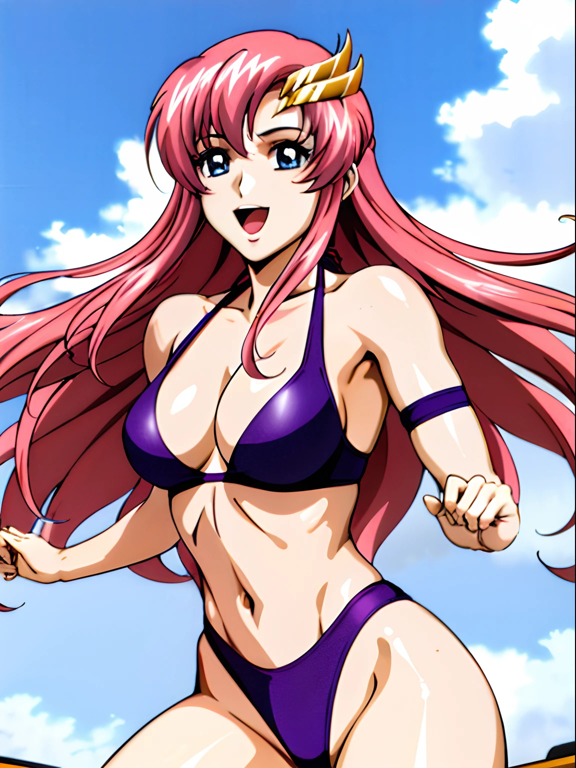 (masterpiece, upper body view, 4K, Best Quality, Anime style: 1.9,, Adult Woman, ultra detailed face, (cloud background, wrestling), Drawing lines, high resolution, Anime, lacus4), 1girl, Solo, curvy figure, Long hair, 鎖骨, scapular, (Detailed wide hair bangs, Hair Ornament, Detailed reddish-pink hair, golden crest), cleavage, large hands, (female wrestler). (Big blue eyes, shiny eyes), ((female wrestler, little biceps, slender body, broad shoulders, closed fists)), ((perfect proportions, medium breasts, long belly)), (((bikini, pink wrestling gear, champion))), happy, smile, open mouth, (leaning, looking at the viewer), showing off underarm, (elegant lady)