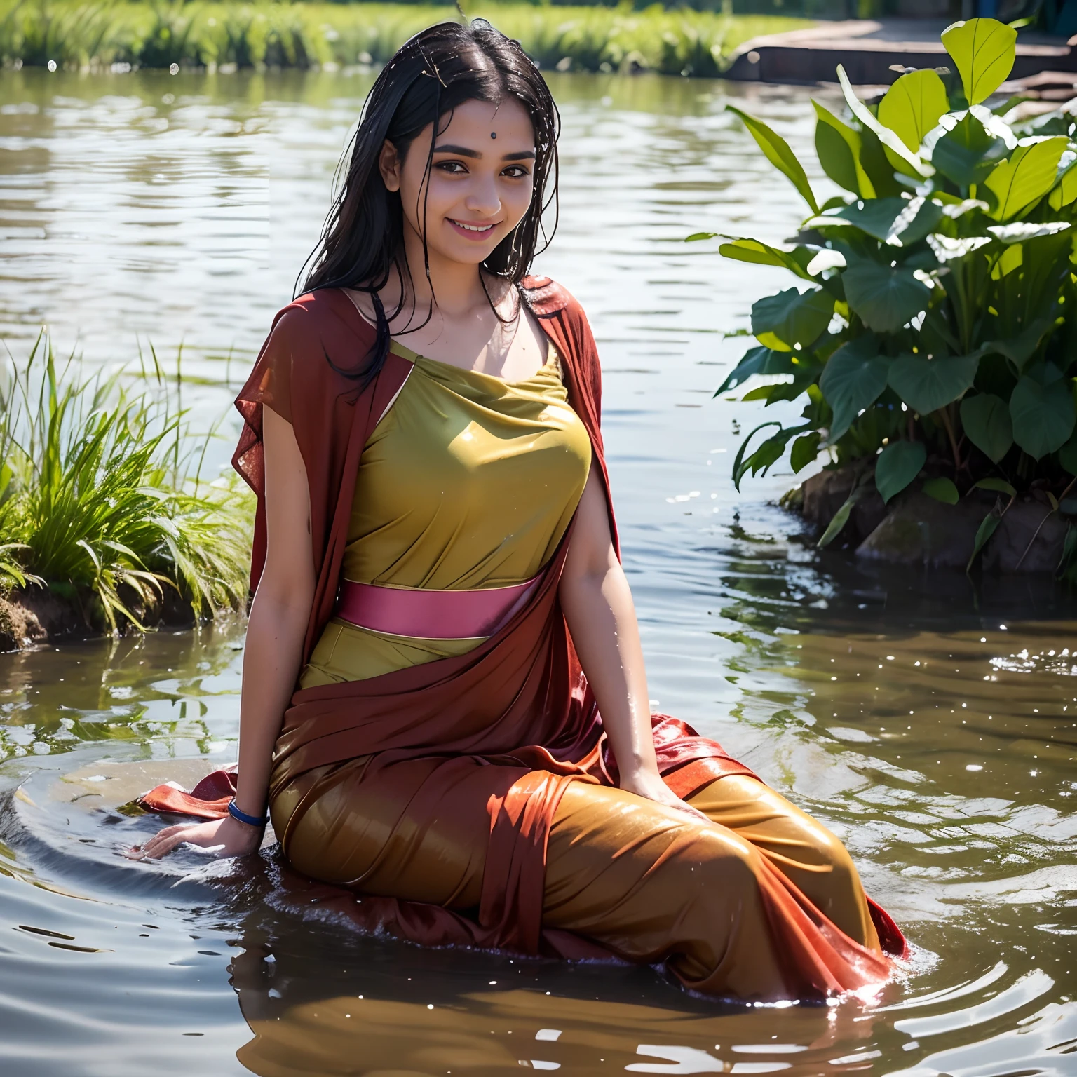 Woman fallen in pond, soaked, drenched, wet clothes, indian, sari, cute, soaked, laughing, wet skin, wet hair, dripping wet, 1girl, solo, in water up to her waist, submerged, bright sunny day, summer heat, humid, sitting, cloak, arms covered, looking at viewer, transparent