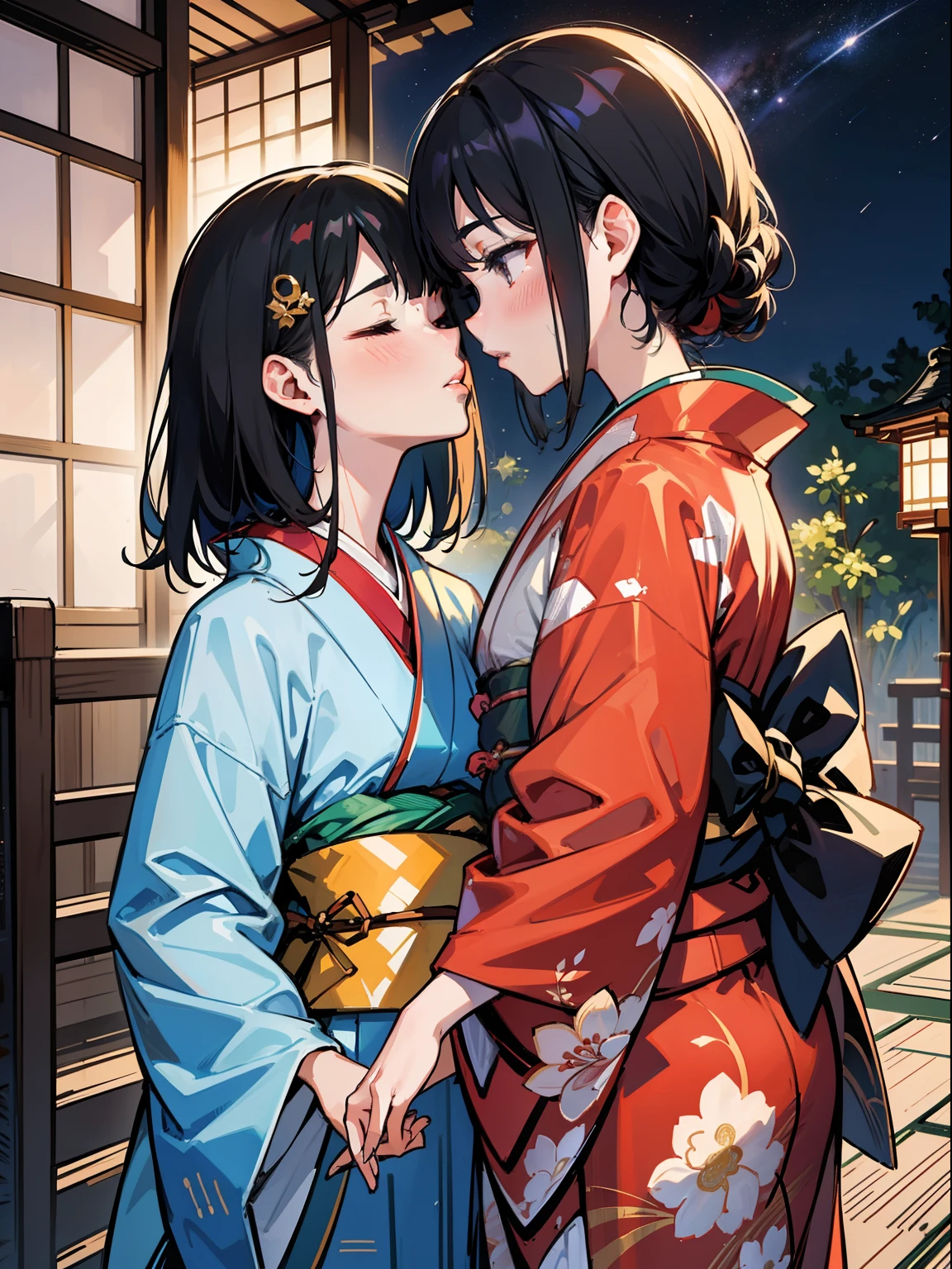 NSFW,((1 male and 1 female,have sex)),standing,from side,black haired,bare chest,smile with open mouth,masterpiece, highest quality, high resolution, Celia Clare, white capelet, beret,kimono