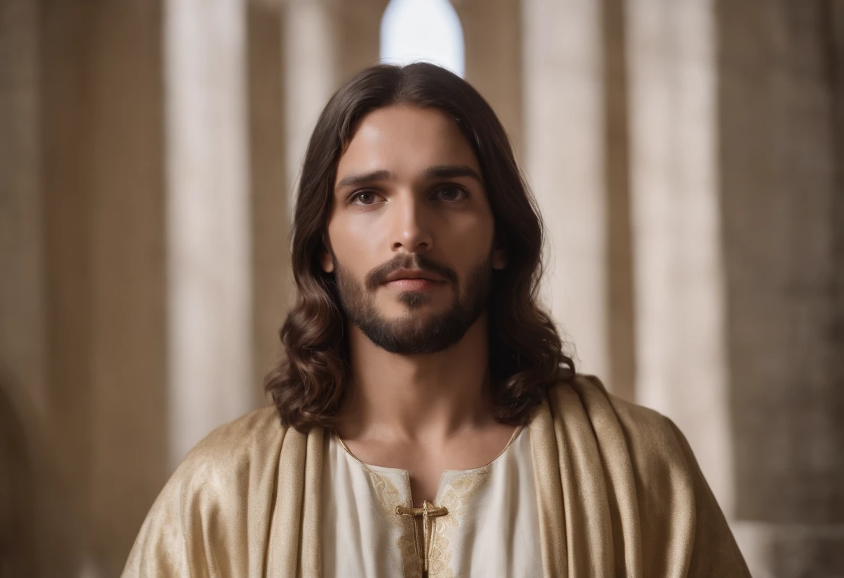 Descreva uma imagem de Jesus Cristo, muito indignado, muito bravo, num momento de ira, na porta do templo, expulsando os mercadores do templo, imagem muito realista, 8k,