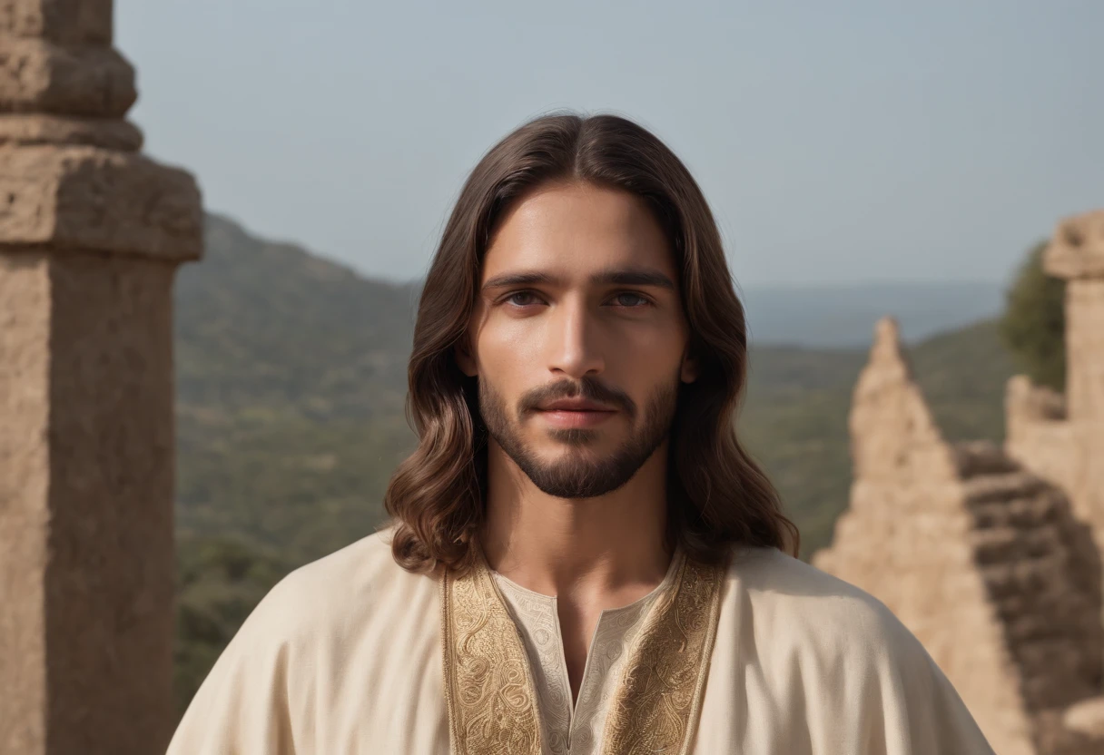 Descreva uma imagem de Jesus Cristo, muito indignado, muito bravo, num momento de ira, na porta do templo, expulsando os mercadores do templo, imagem muito realista, 8k,