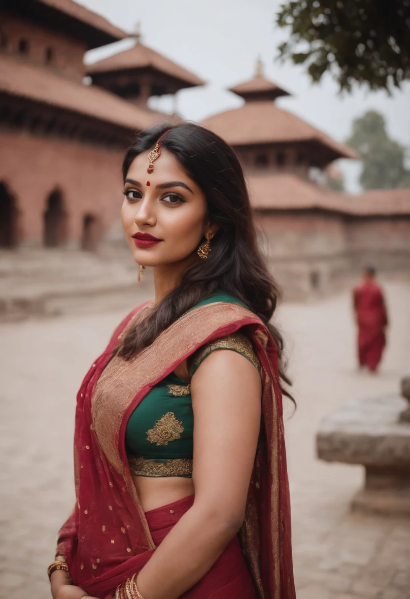 tourist, in the style of rap aesthetics, girl，Nepal，make for a memorable photo.  The background is to the ancient temples and palaces of Kathmandu ，photo taken with fujifilm superia, charly amani, oversized portraits, babycore, full body, saree, blouse