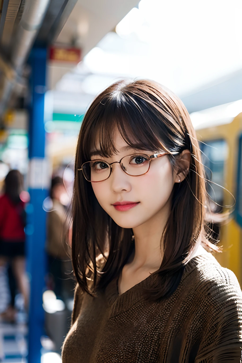 (8K、Raw photography、top-quality、masterpiece:1.2)、(realisitic、Photorealsitic:1.37)、ultra-detailliert、超A high resolution、女の子1人、see the beholder、beautifull detailed face、A smile、Constriction、(Slim waist) :1.3)、short-cut、Beautiful detailed skin、Skin Texture、Floating hair、Professional Lighting、Wait for the platform train、Square glasses with black rimming 、Whole human body、Brown hair