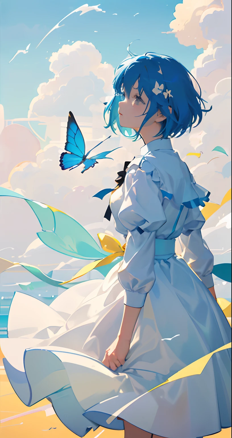 masterpiece、top-quality、Movie stills、One girl、floating in sky、Cloud Girl、clouds、(a closeup:1.1)、with light glowing、Happiness、A delightful、Soft lighting、(Bauhaus、form、Line、abstracted:1.1)Gilji Bluehair Shorthair、butterflys々、Black long skirt