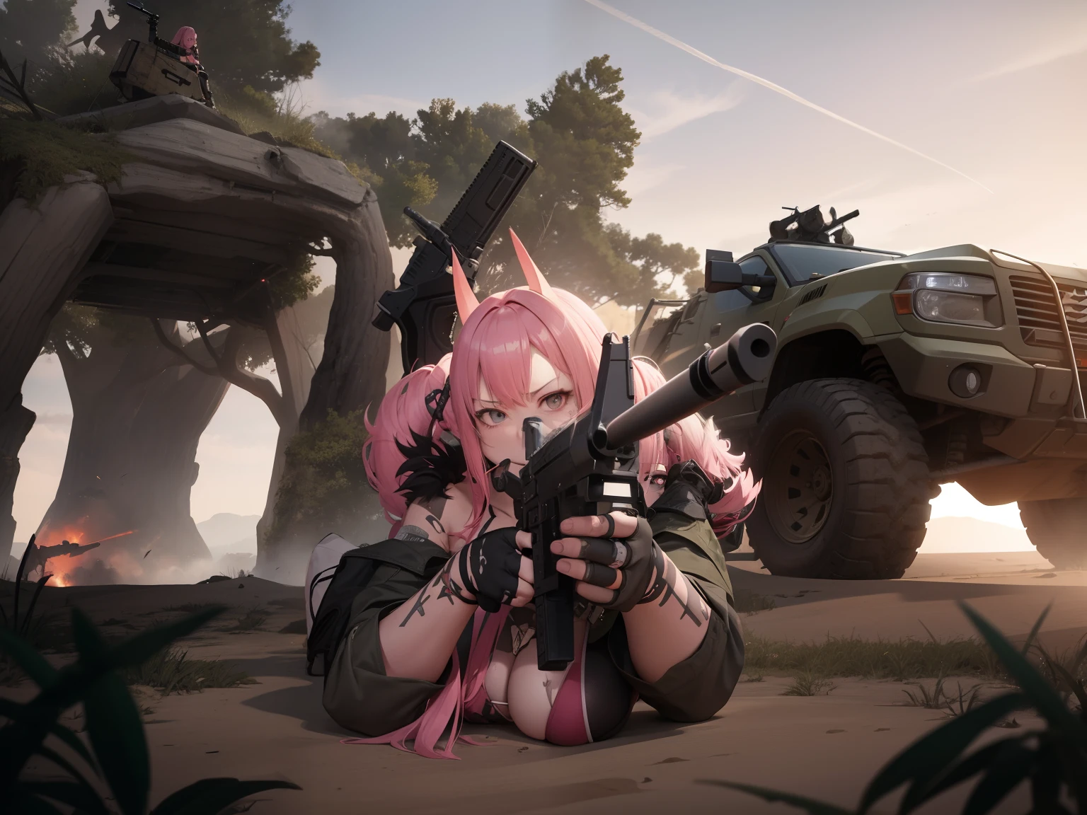 there is a woman with pink hair, red horns, bikini top, jacket a gun in a field with a truck, combat pose, with rifle, second life girl, infantry girl, bikini + tattered military gear, shooting pose, holding a weapon, badass pose, ingame shot, <mmorpgs scene, half body shot, tranding on pxiv, explosions, forest, plane in the background, soldiers shooting, battlefield