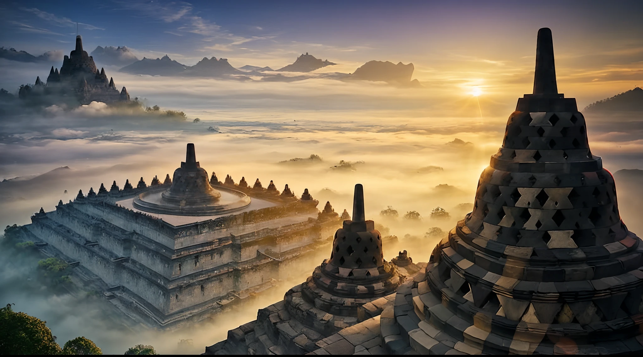 (masterpiece), (realistic), (Indonesia), portrait of Borobudur temple, Magnificent temple complex, historical heritage, epic, fog, dawn, dramatic lighting, beauty Sunrise, mountains, forest, cliff, beauty sunrise sky, adventure